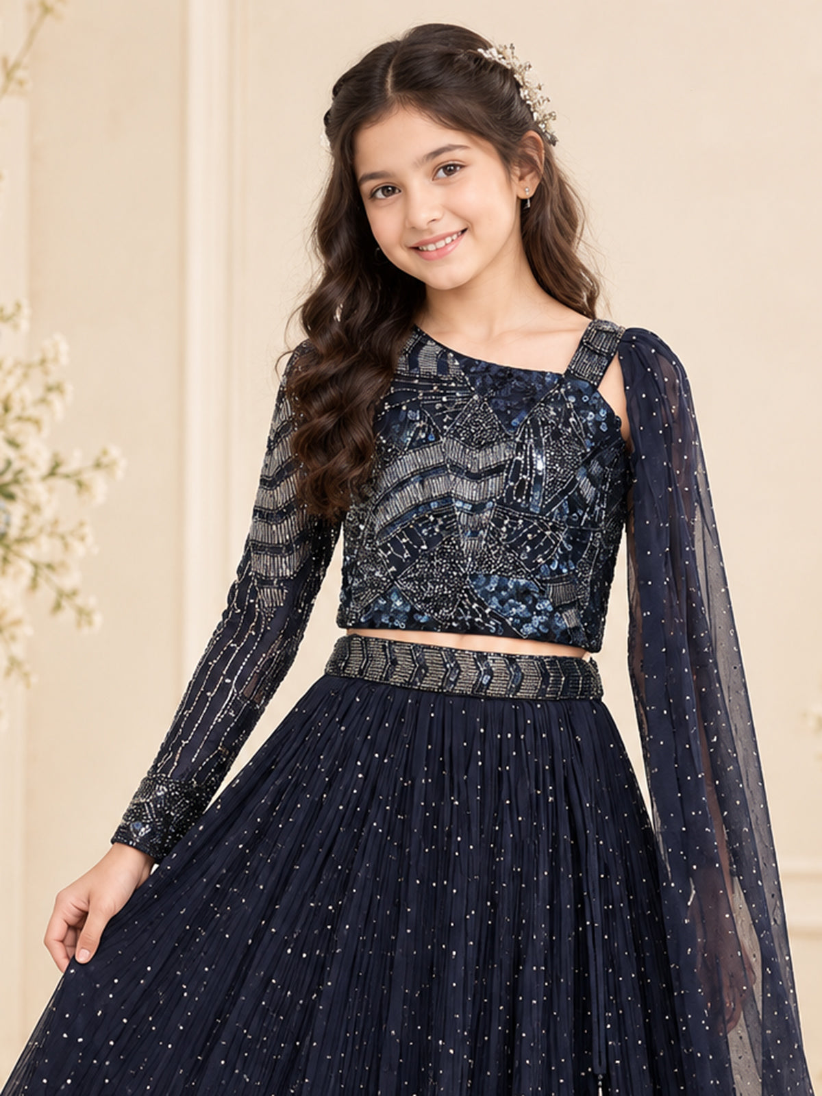 Blue one shoulder girls lehenga choli