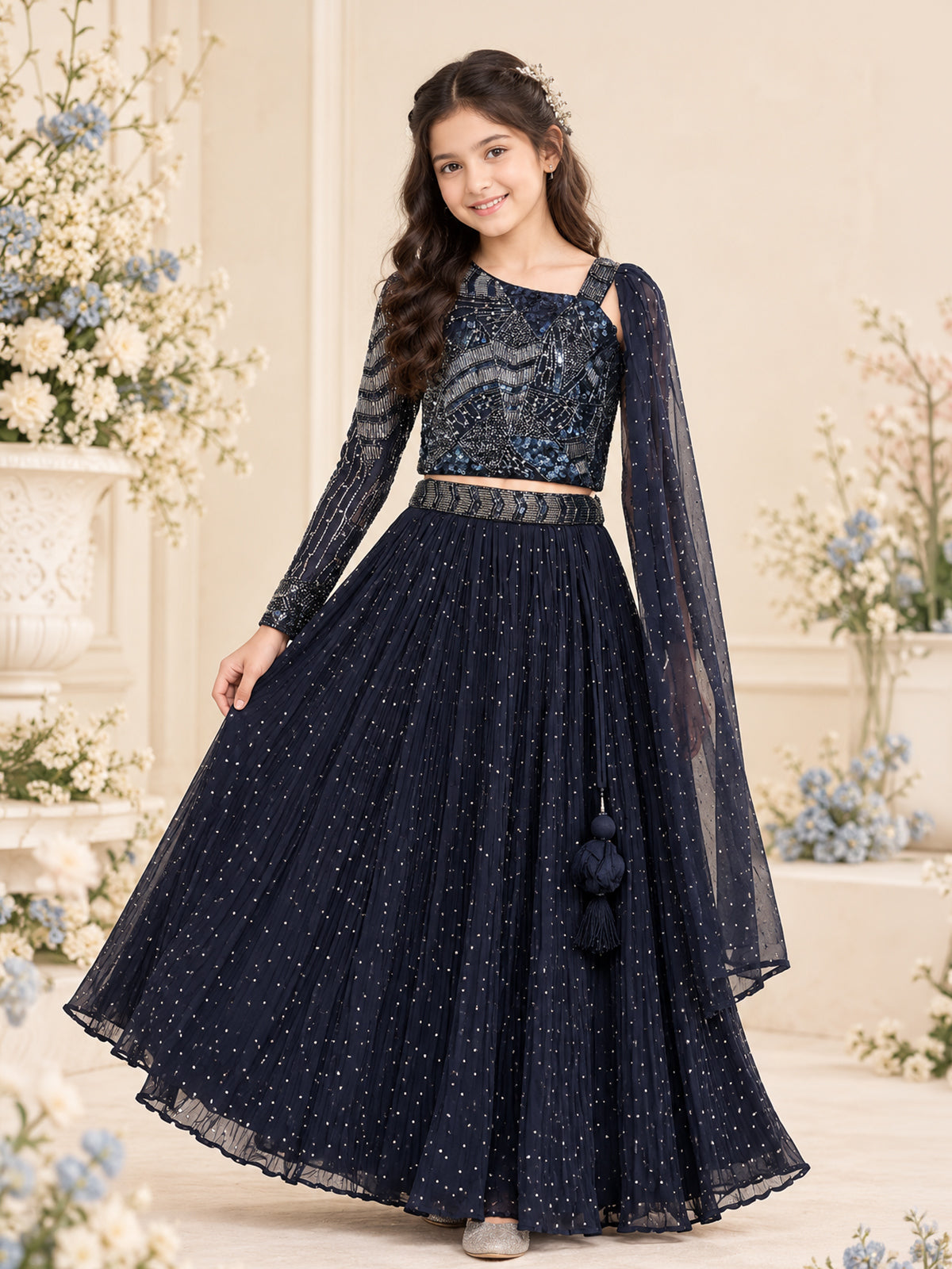 Blue one shoulder girls lehenga choli