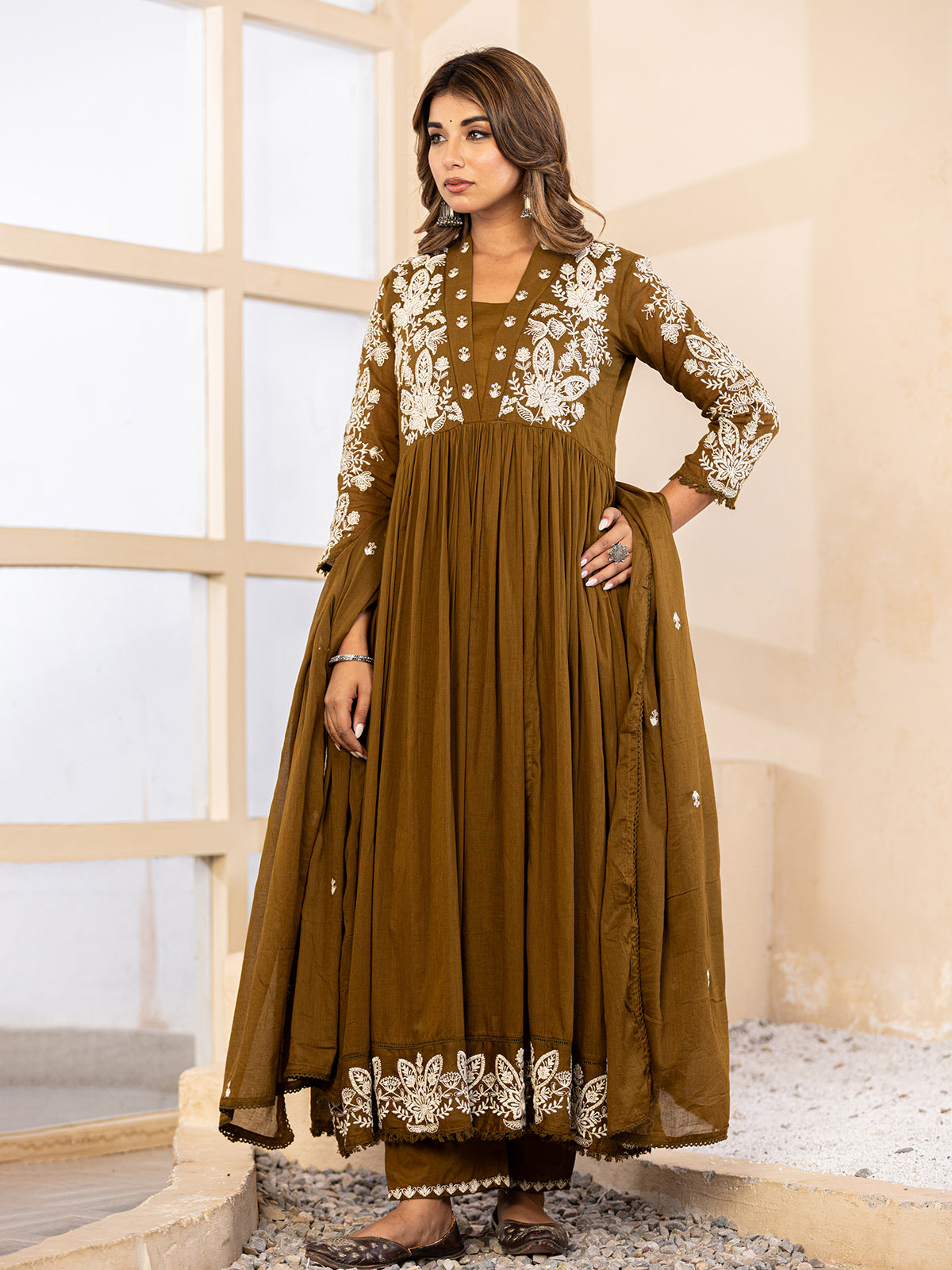 Mehendi olive floral anarkali women kurti set