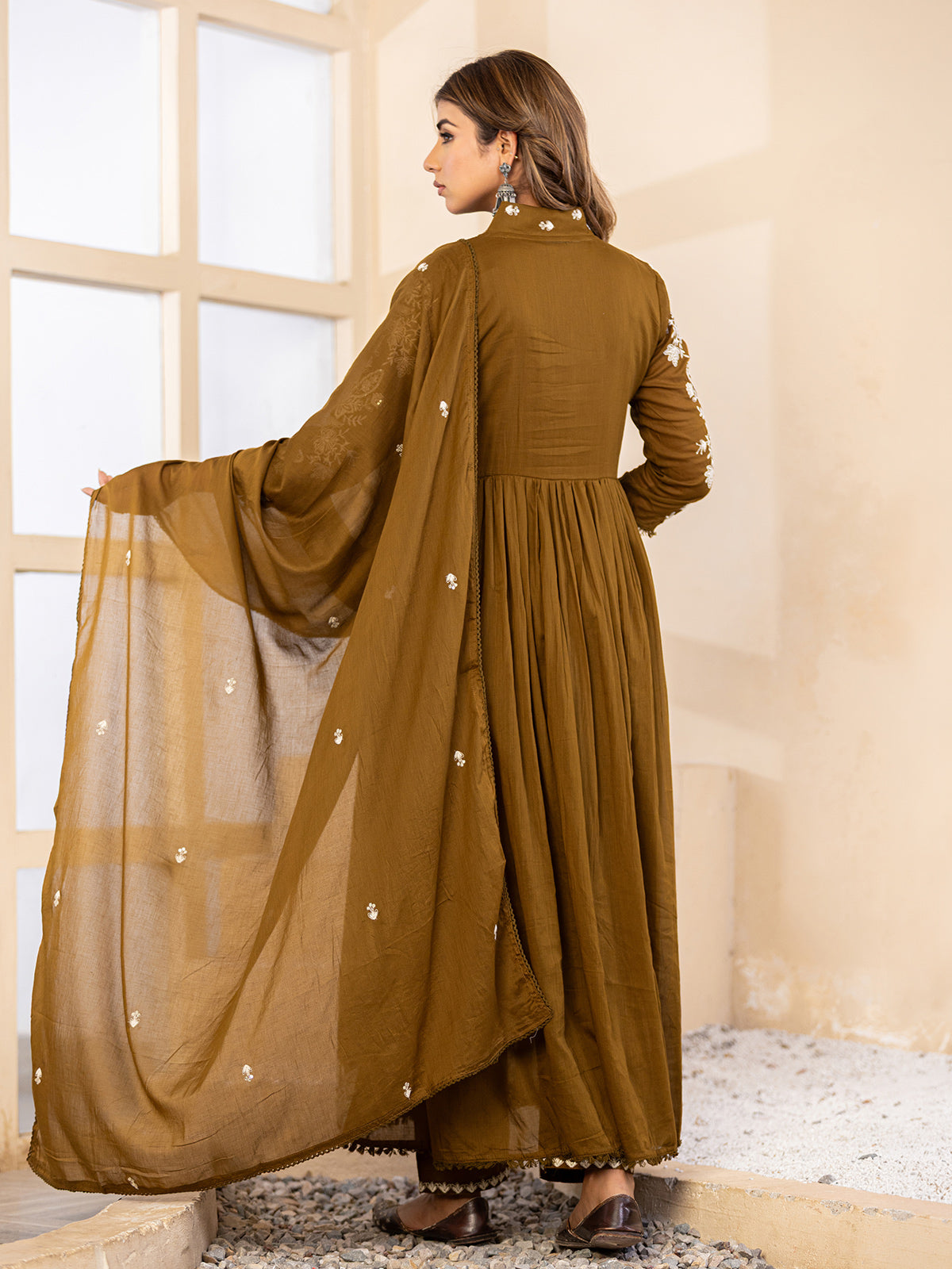 Mehendi olive floral anarkali women kurti set