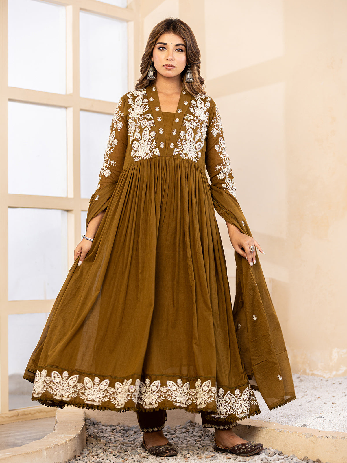 Mehendi olive floral anarkali women kurti set