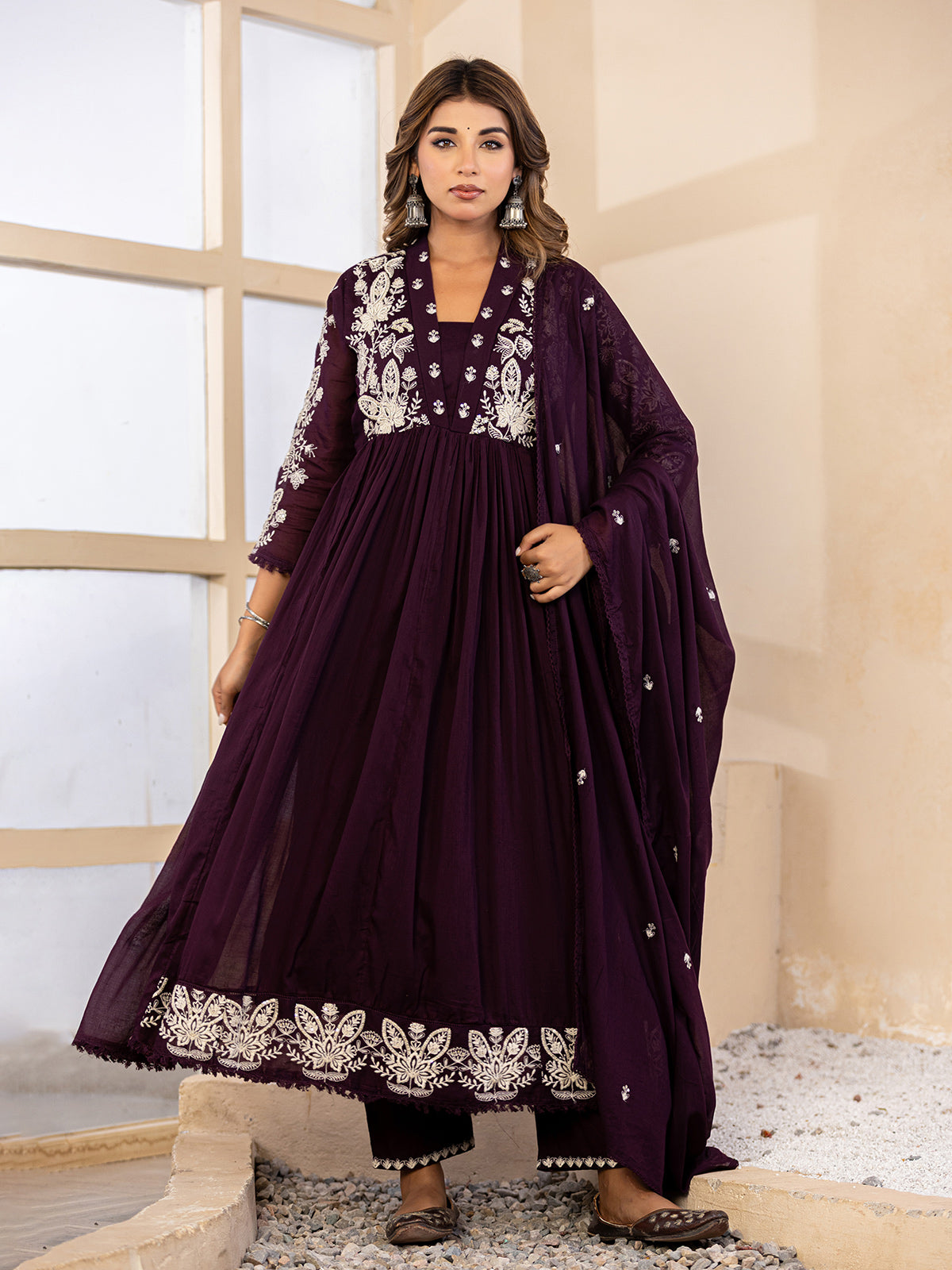 Deep purple floral anarkali women kurti set