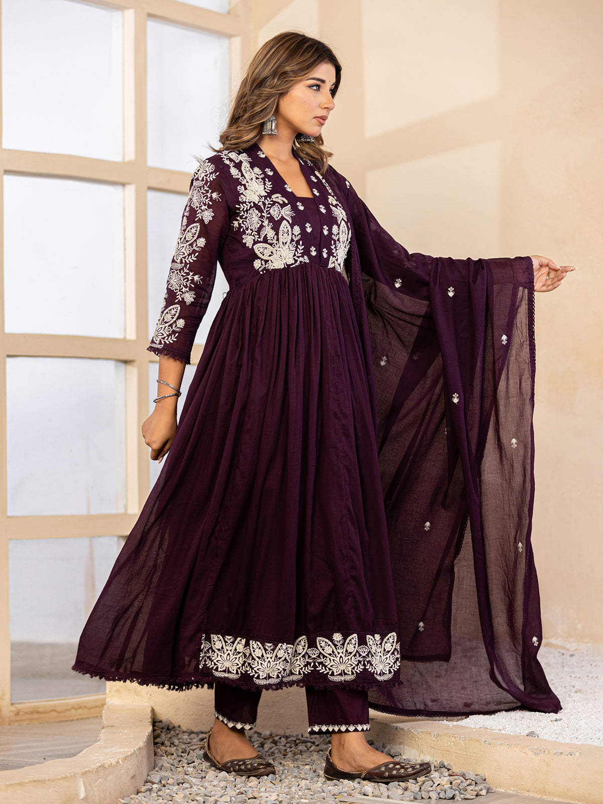 Deep purple floral anarkali women kurti set