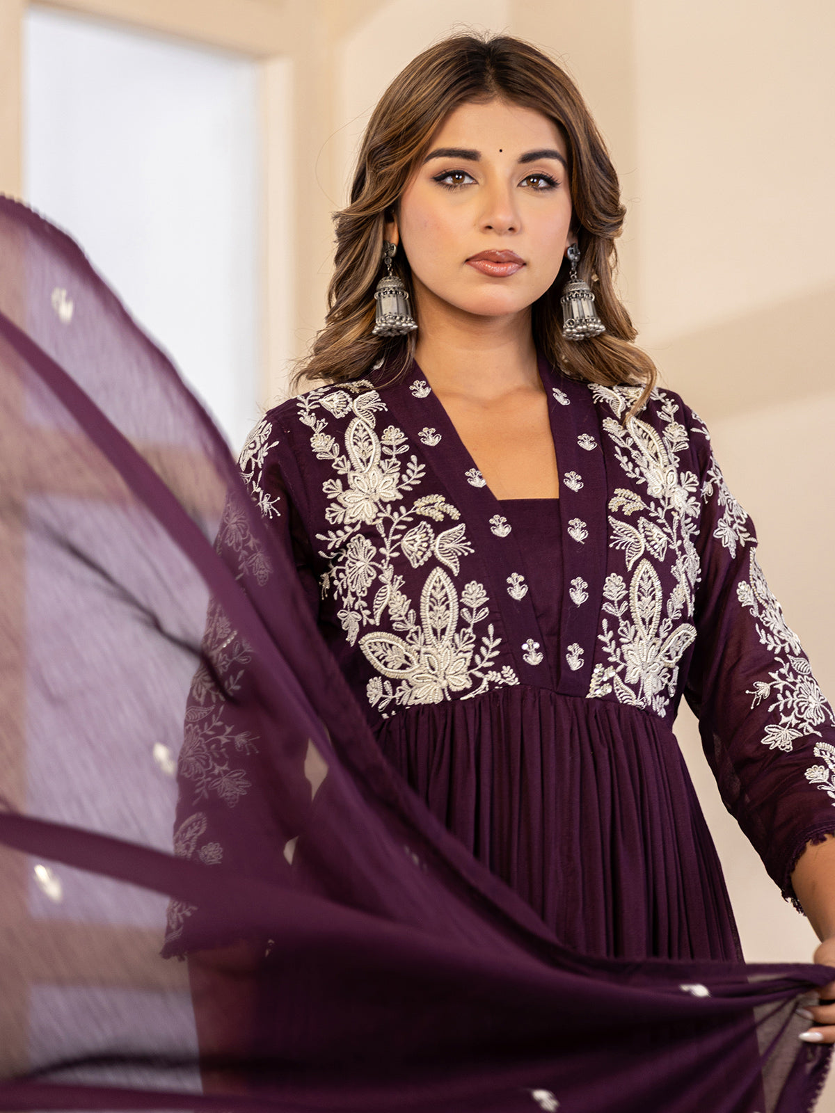 Deep purple floral anarkali women kurti set