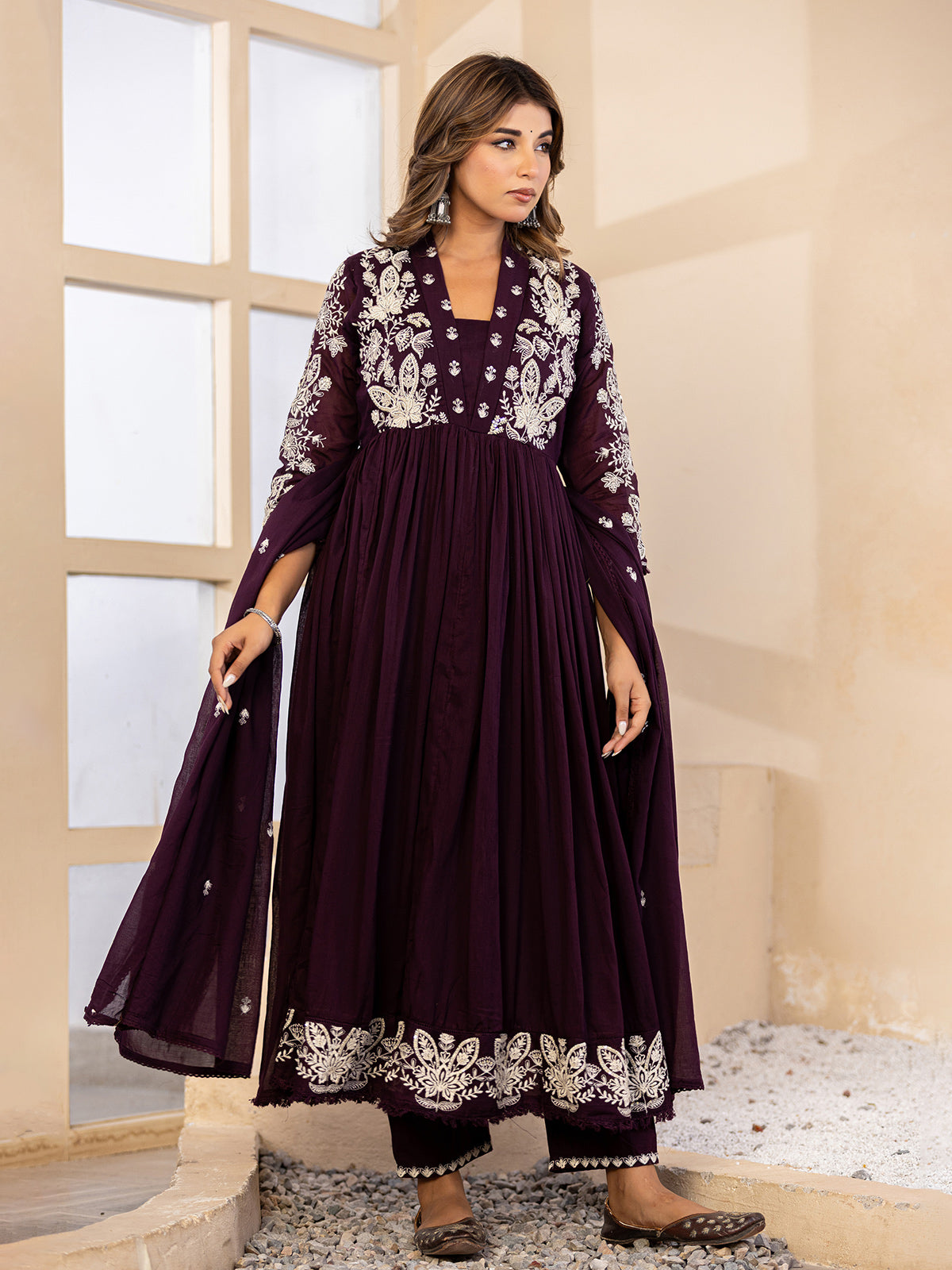 Deep purple floral anarkali women kurti set