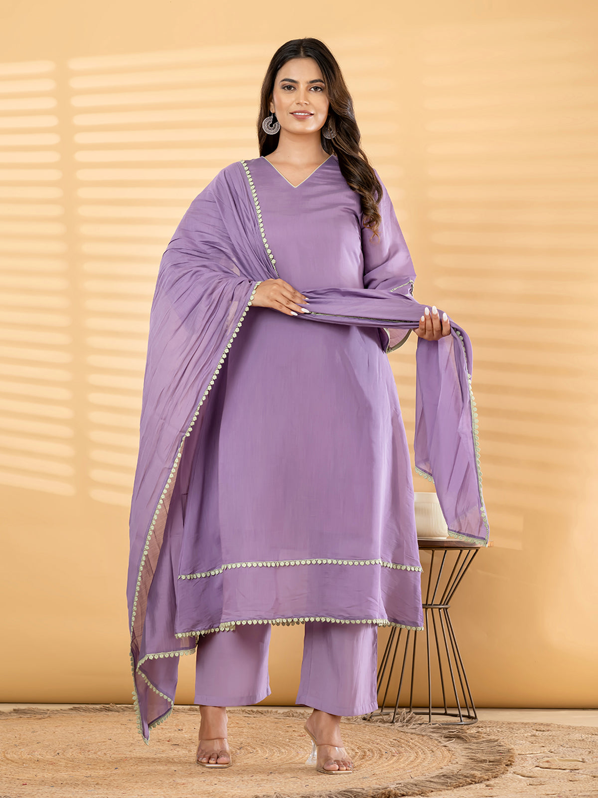 Lavender pom lace women kurti set