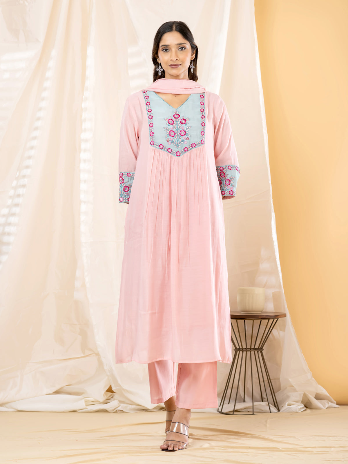 Pink floral yoke anarkali women kurti set