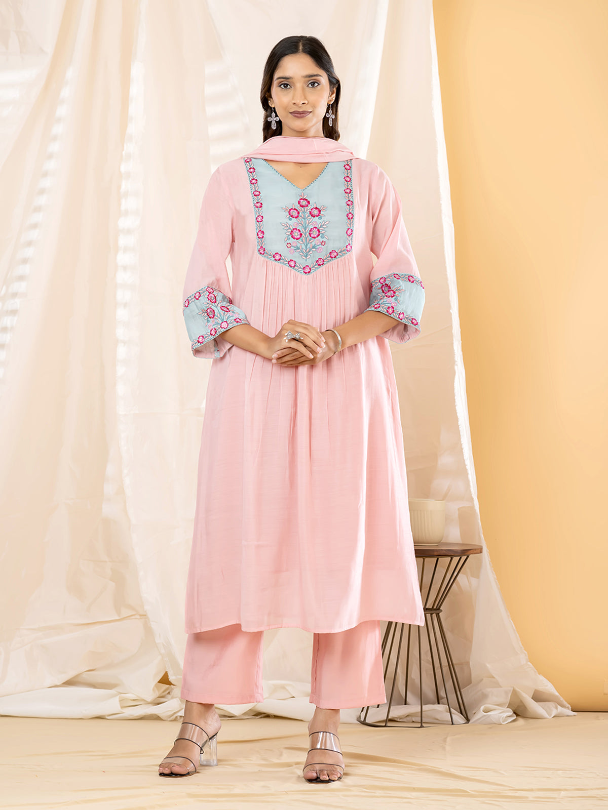 Pink floral yoke anarkali women kurti set