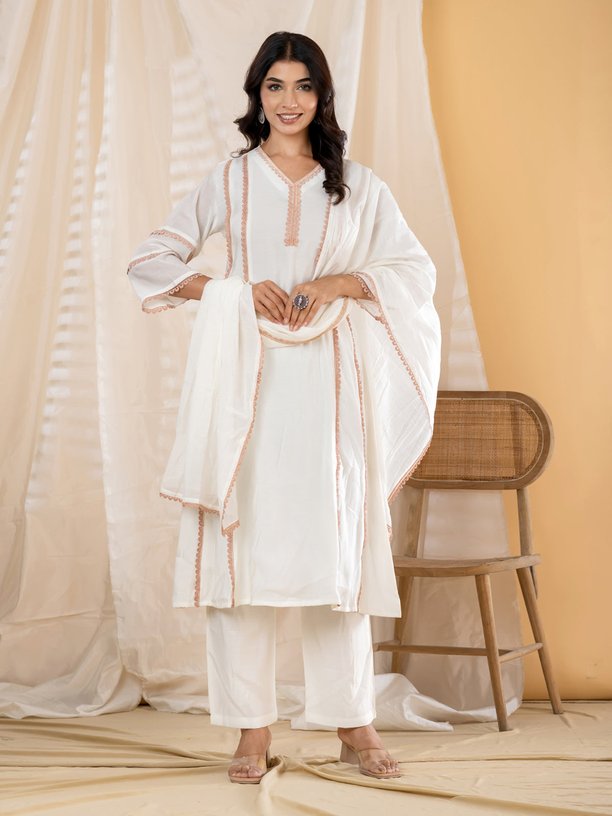 White lace panel anarkali women kurti set