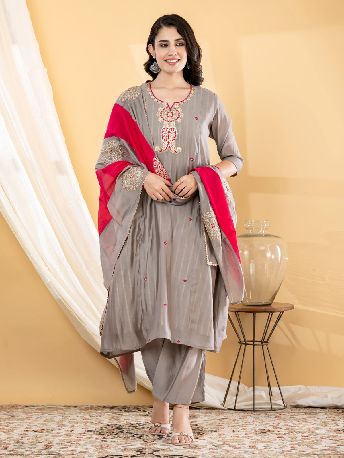 Grey zari anarkali women kurti set
