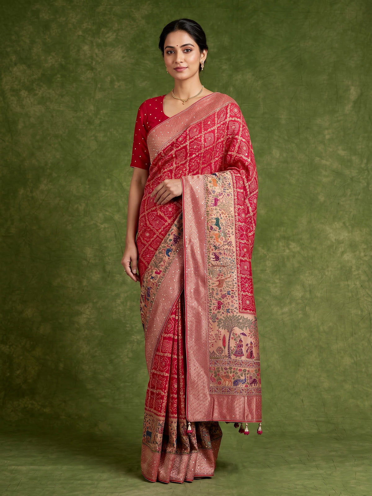 Rani pink Bandhani pattern figurative embroidered festive saree