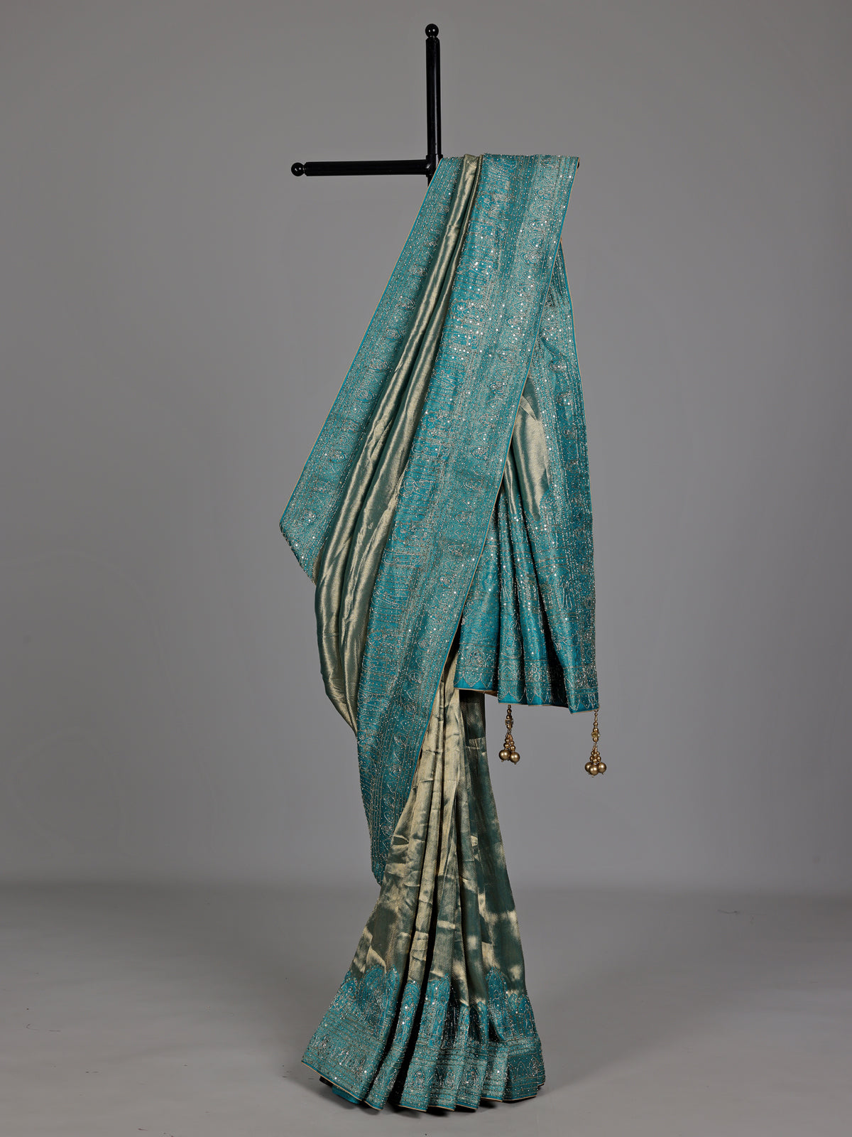 Peacock teal blue champagne ziraff tissue silk saree