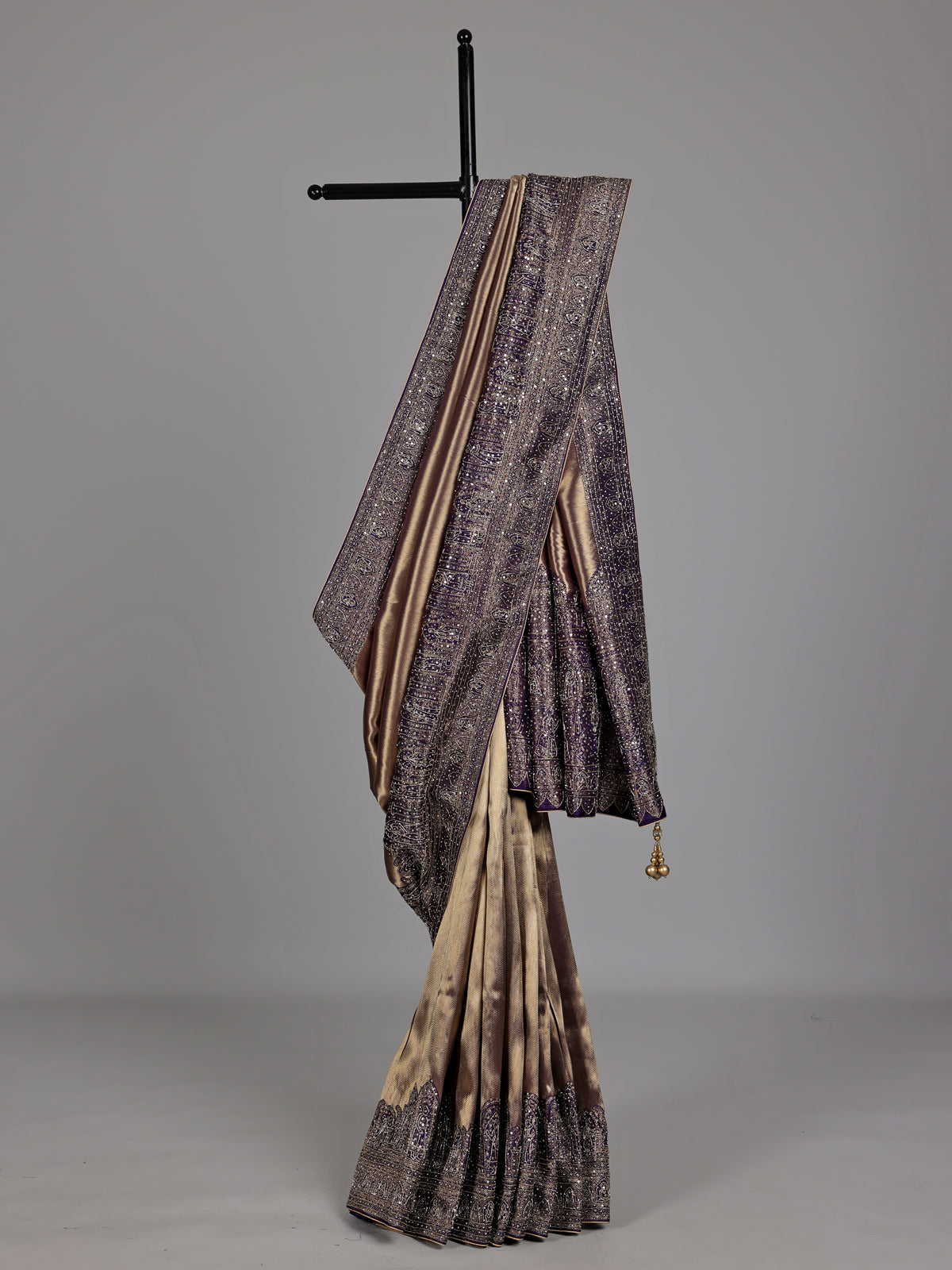 Plum wine champagne ziraf tissue silk embellished saree
