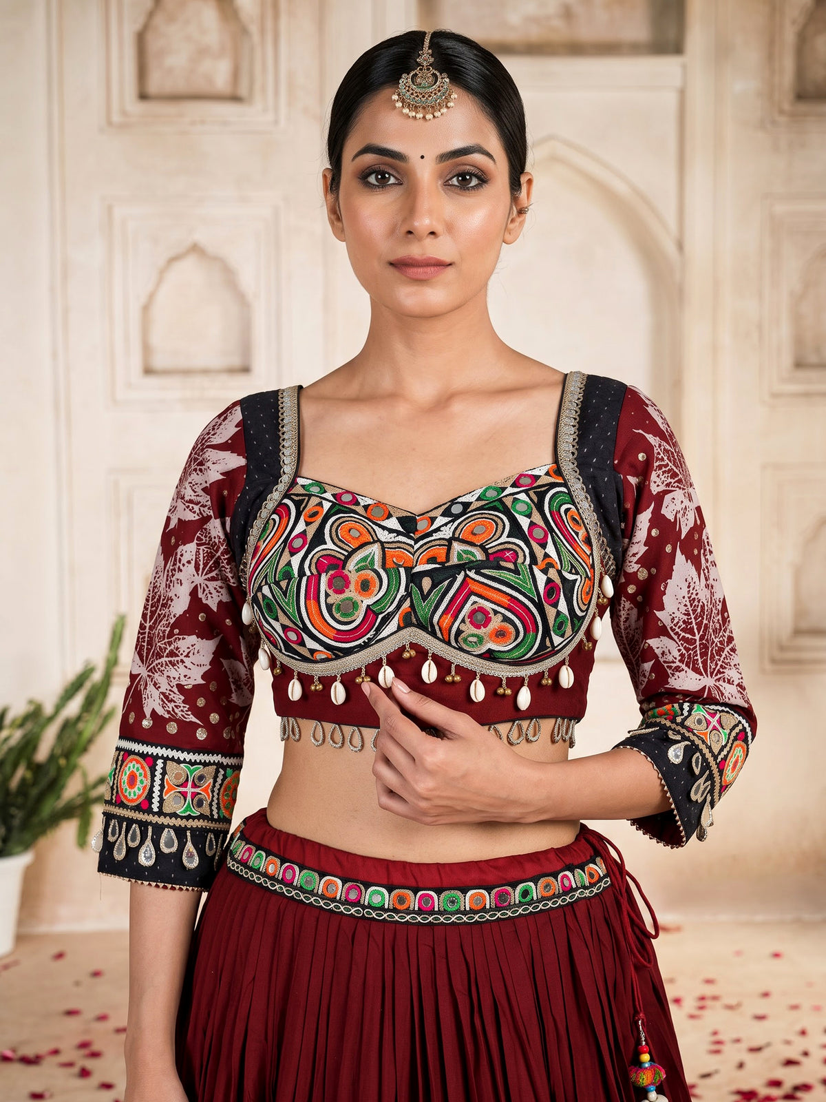Maroon cotton silk chaniya choli with cowrie shell embellishments