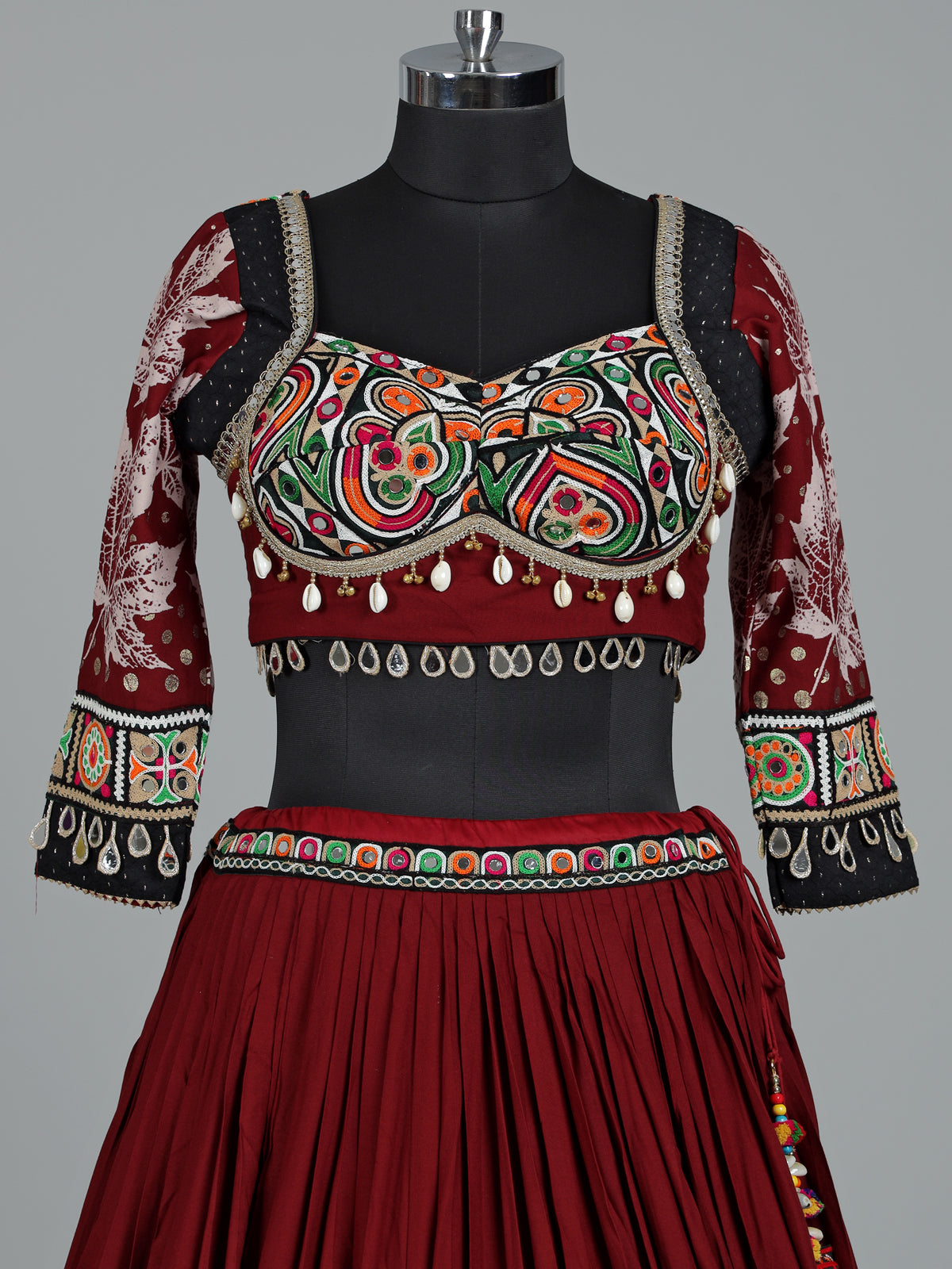 Maroon cotton silk chaniya choli with cowrie shell embellishments