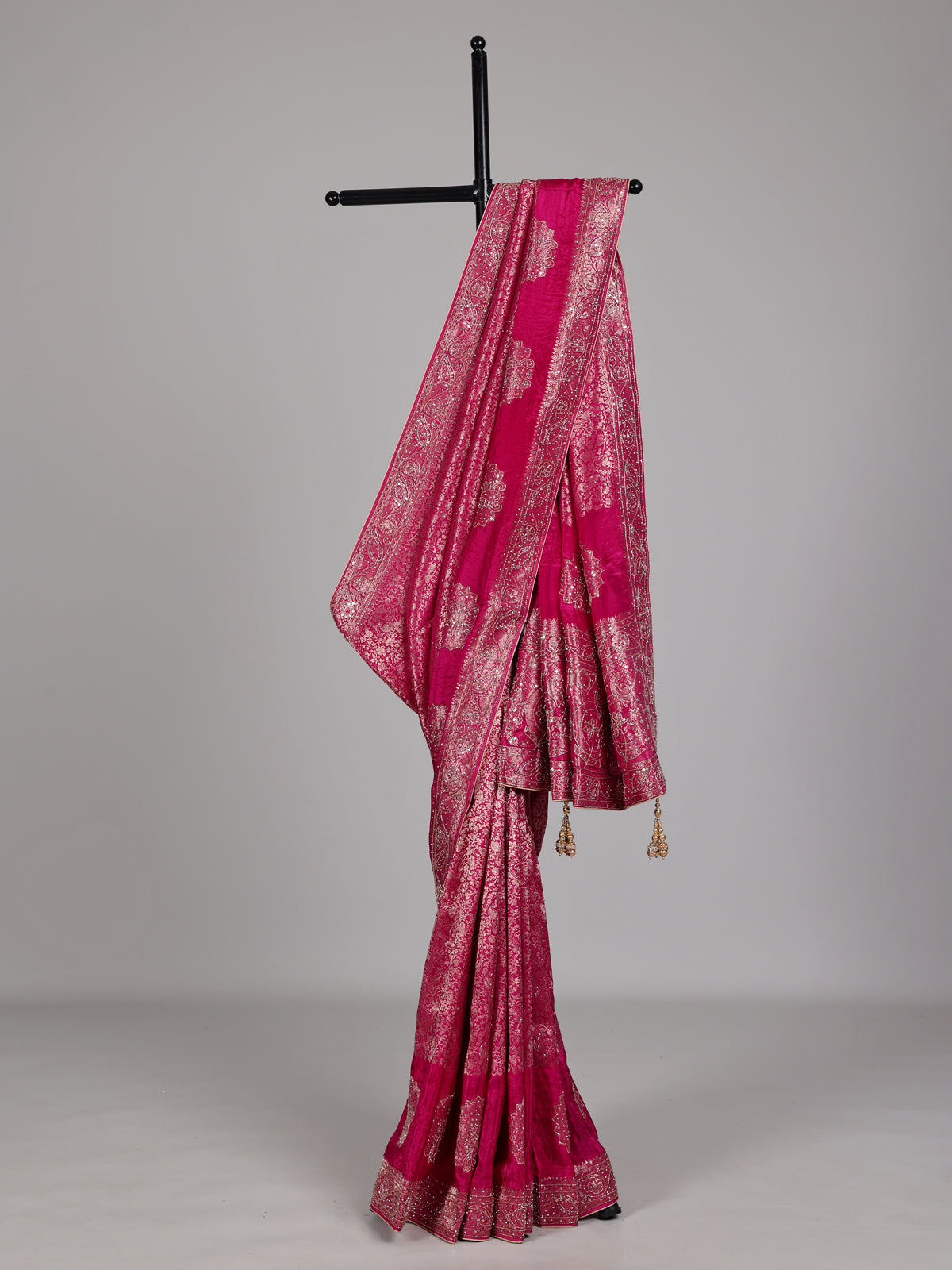 Rani pink metallic embellished dola silk saree