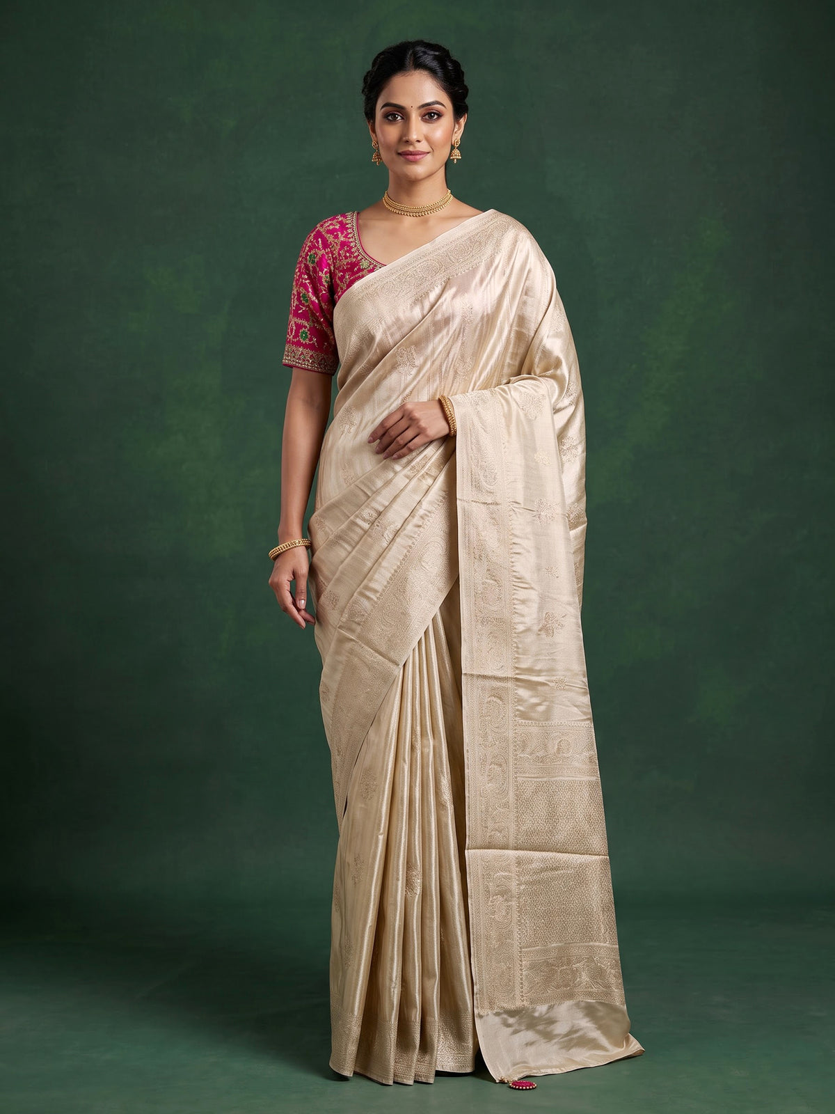 Beige metallic tissue-silk saree with readymade blouse