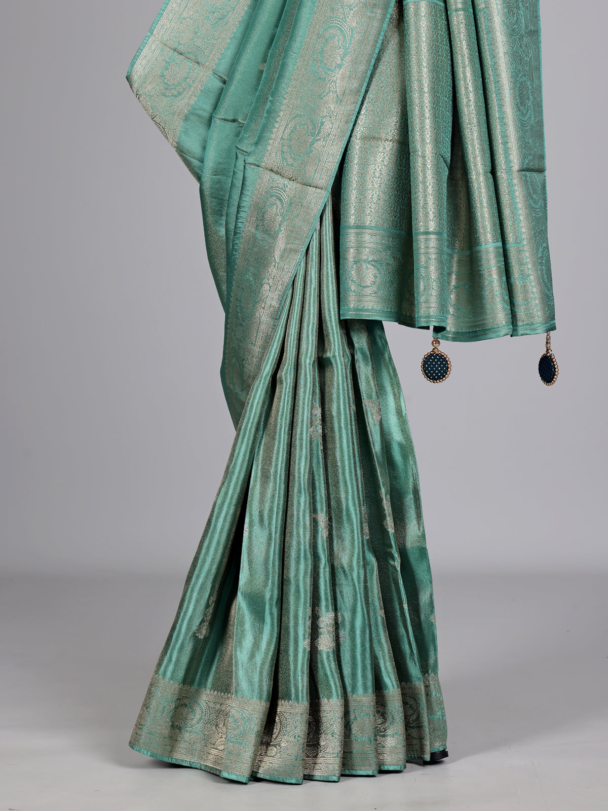 Rama green metallic tissue-silk saree with readymade blouse