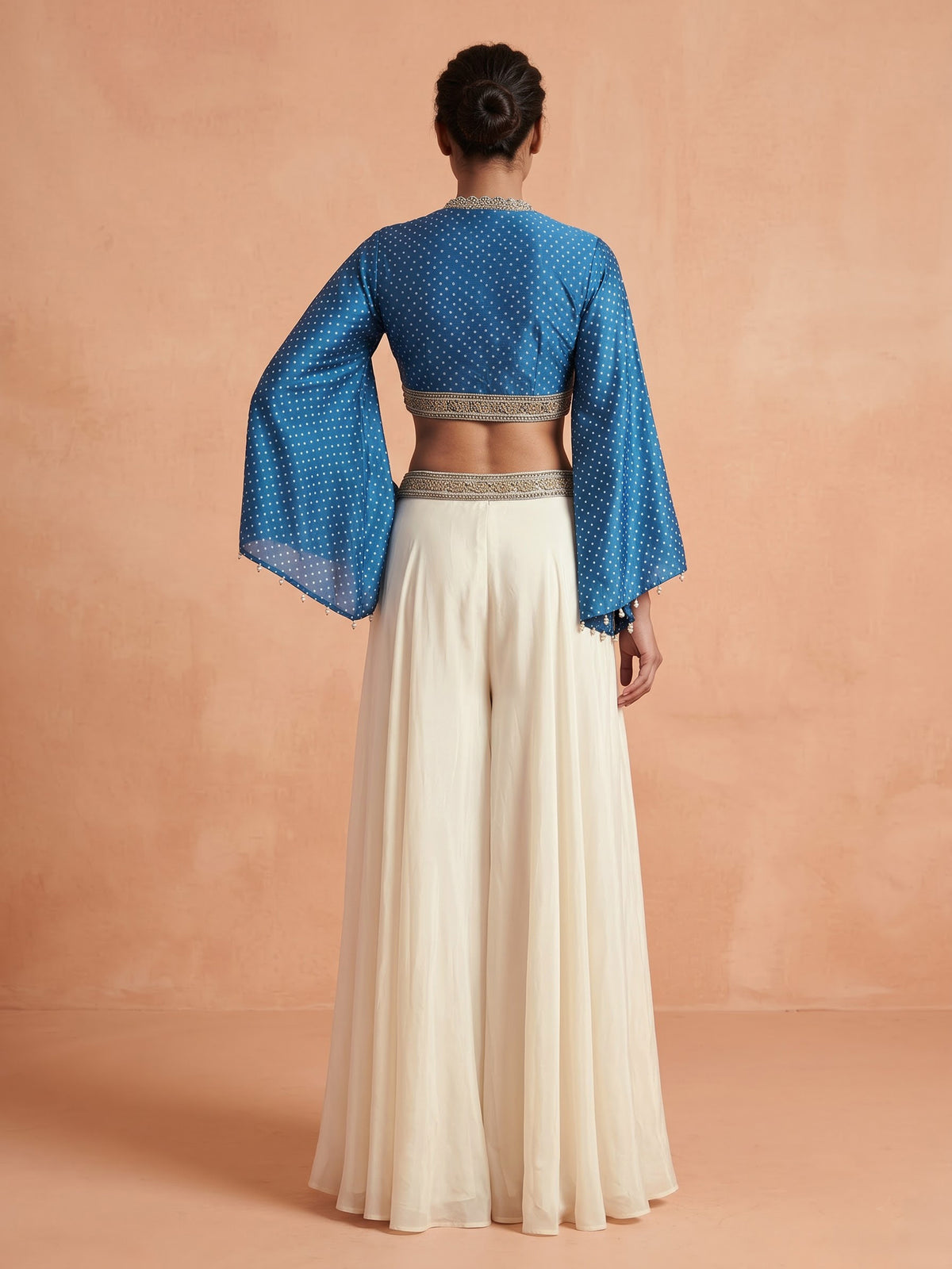 Blue printed crepe silk palazzo suit with cutdana detailing