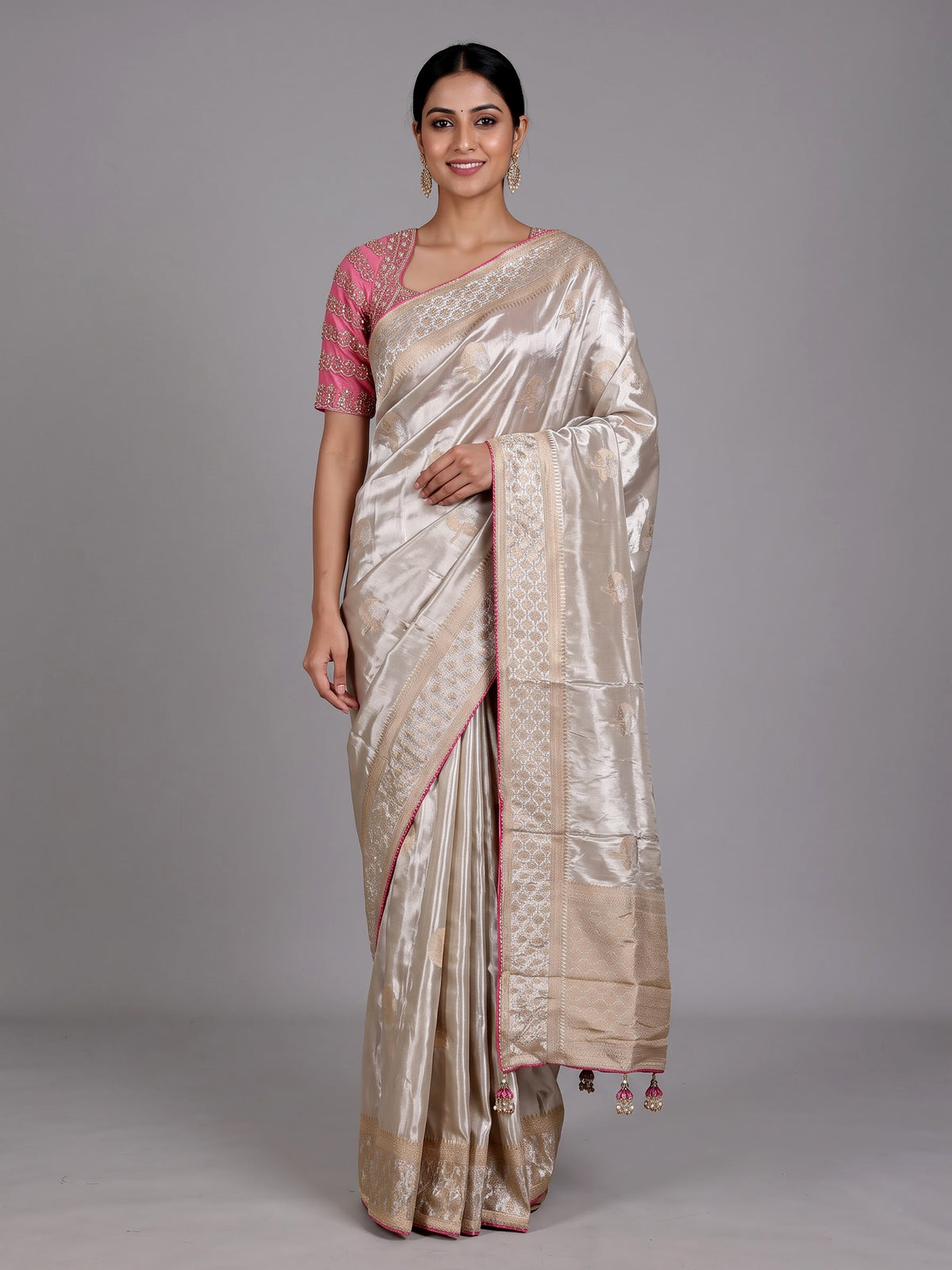 Champagne beige floral tissue-silk saree with readymade blouse