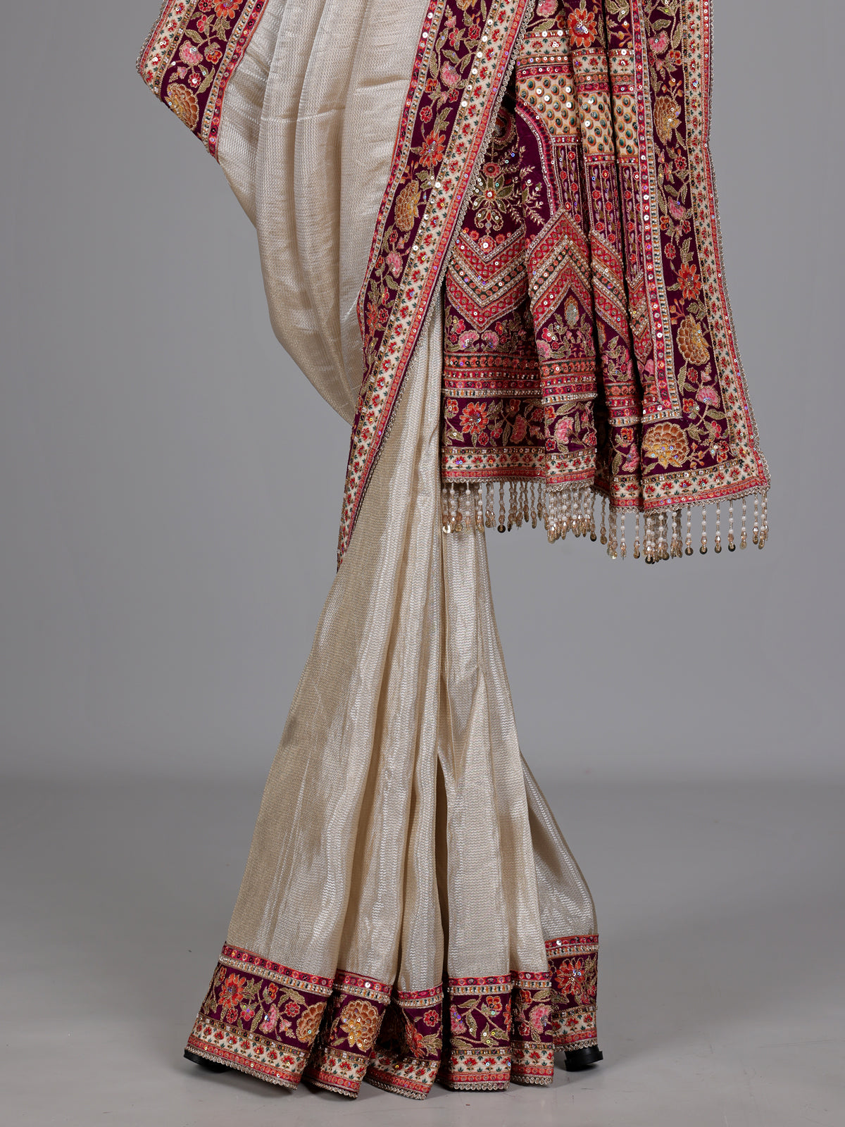 Champagne cream jharokha tissue-silk saree with readymade blouse