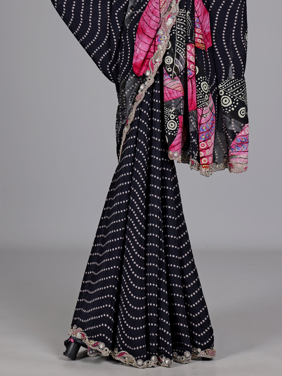 Jet black printed crepe saree with readymade blouse