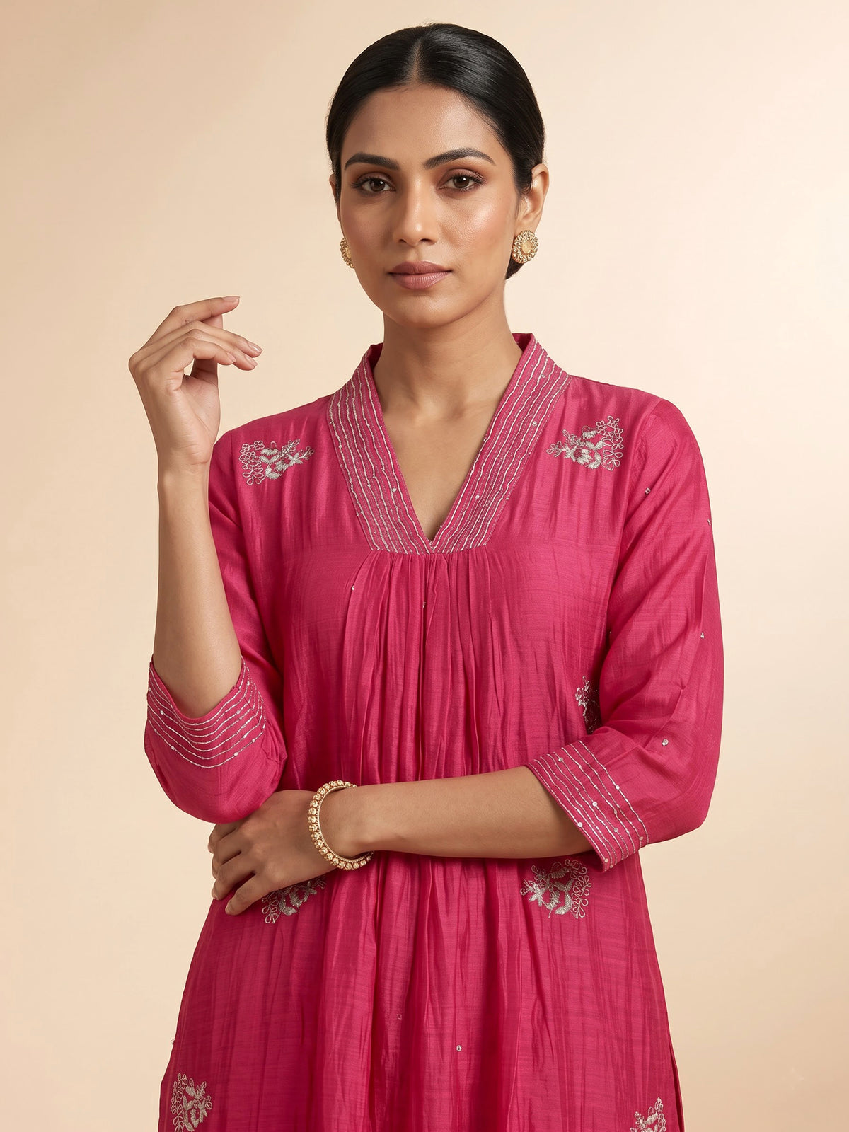 Rani pink embellished kurti set