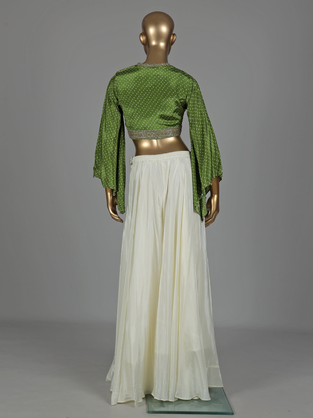 Green printed crepe silk palazzo suit with sequined detailing