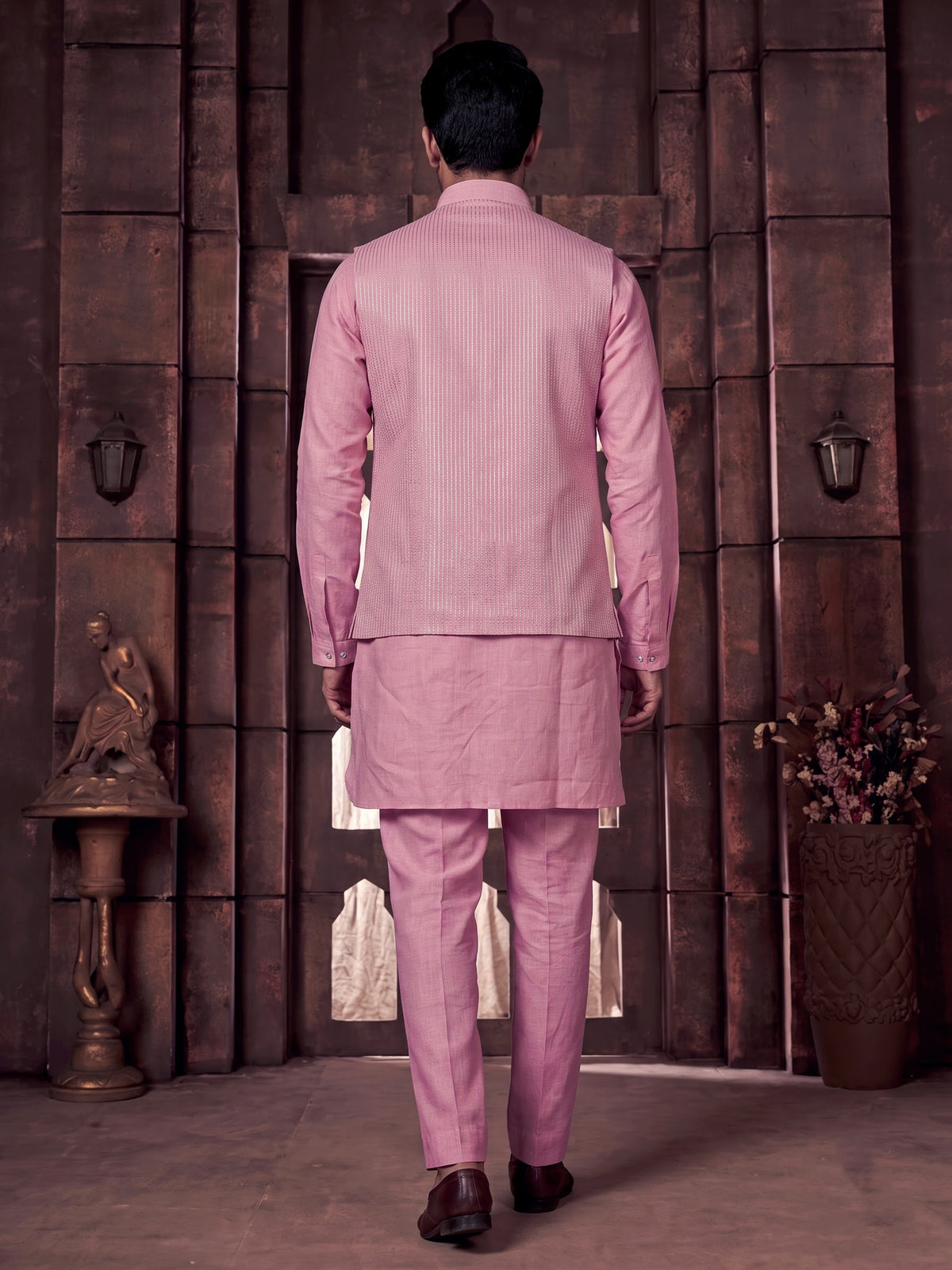 Pink zardosi embellished waistcoat set with royal crest for mens