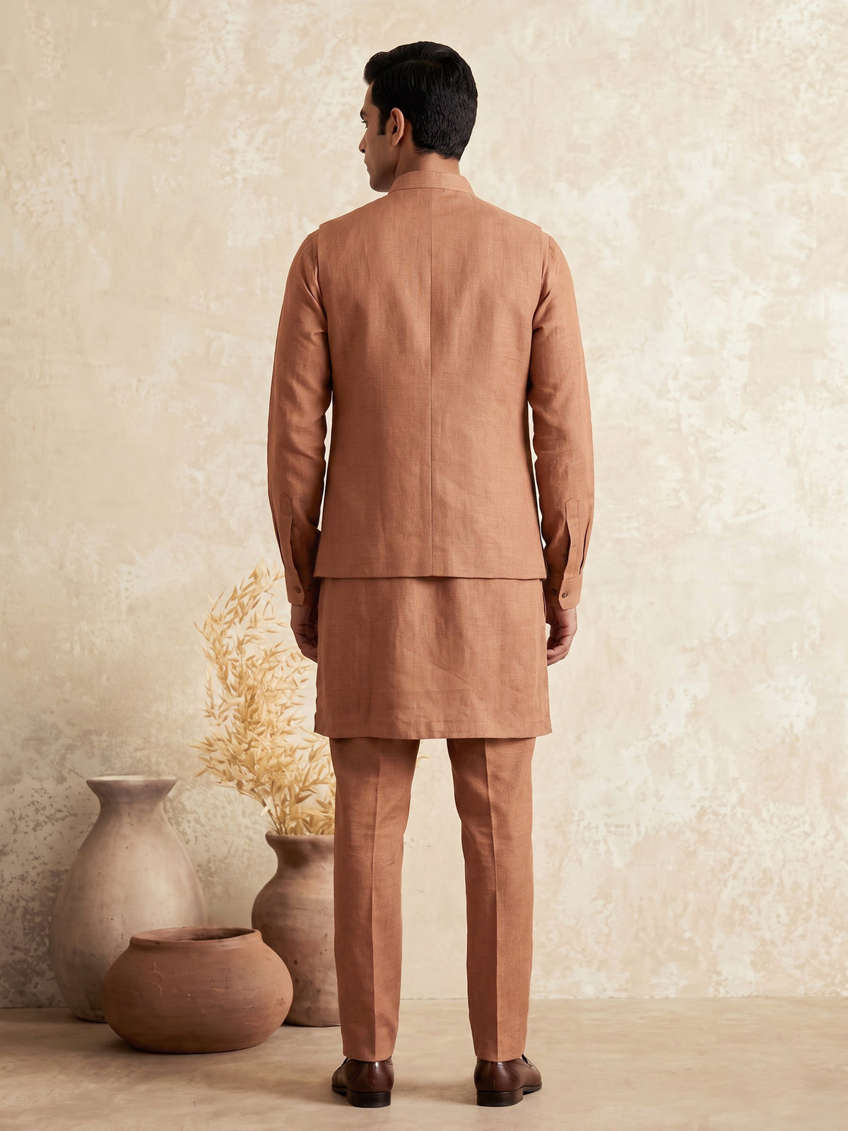 Deep peach floral thread waistcoat set for mens
