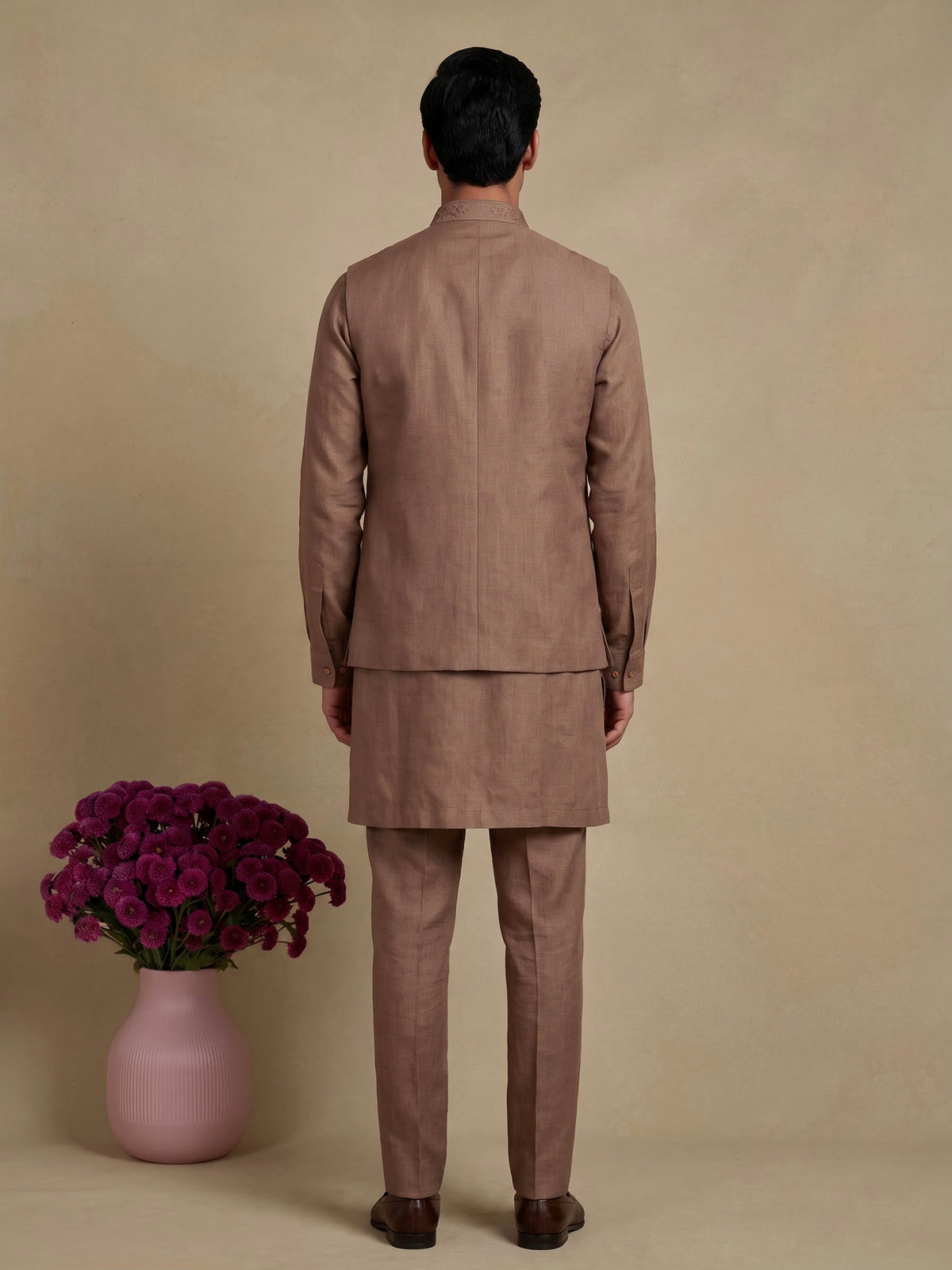 Brown floral thread waistcoat set for mens weddings