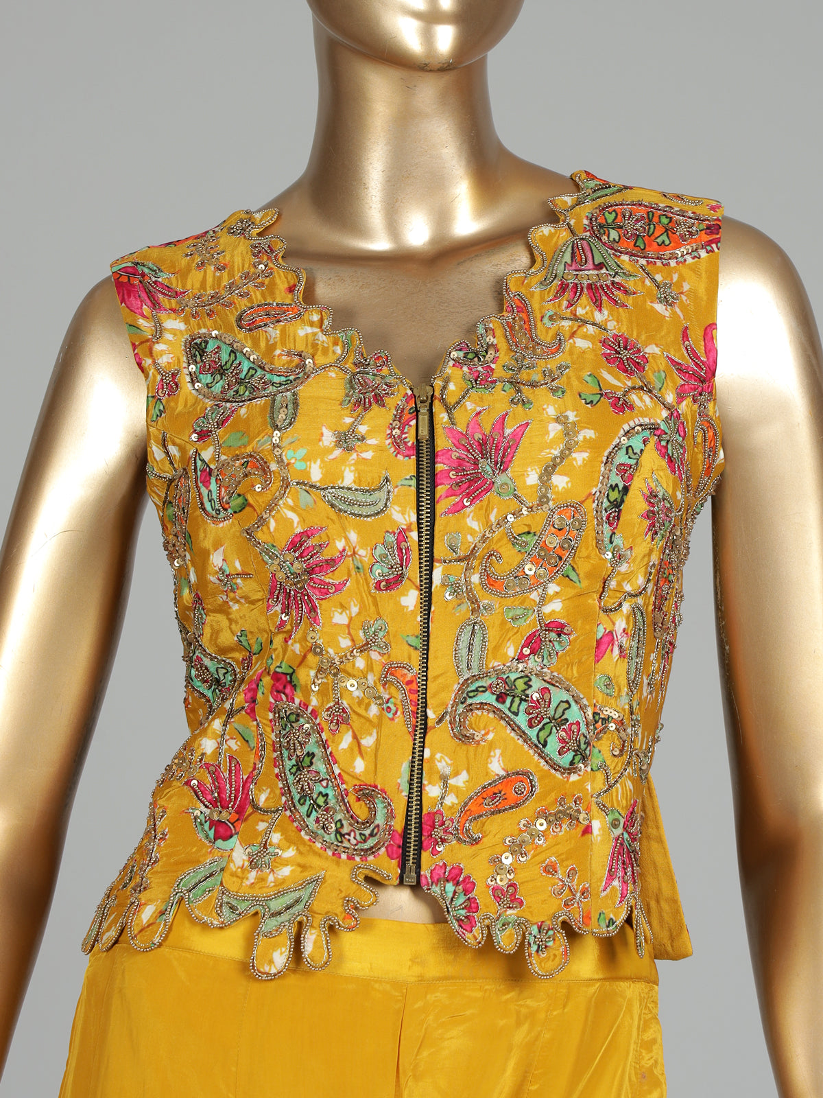 Yellow printed crepe silk palazzo suit with embellished dupatta