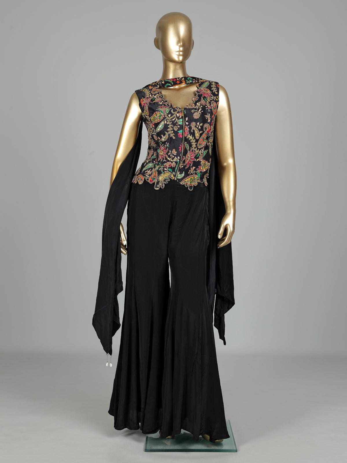 Black printed crepe silk palazzo suit with beadwork and dupatta