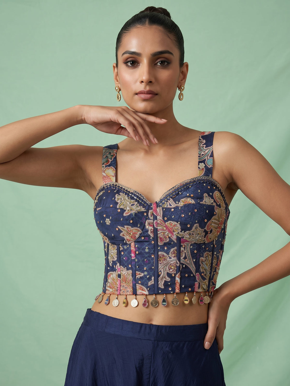 Navy printed crepe silk palazzo suit with aabla embellished shrug