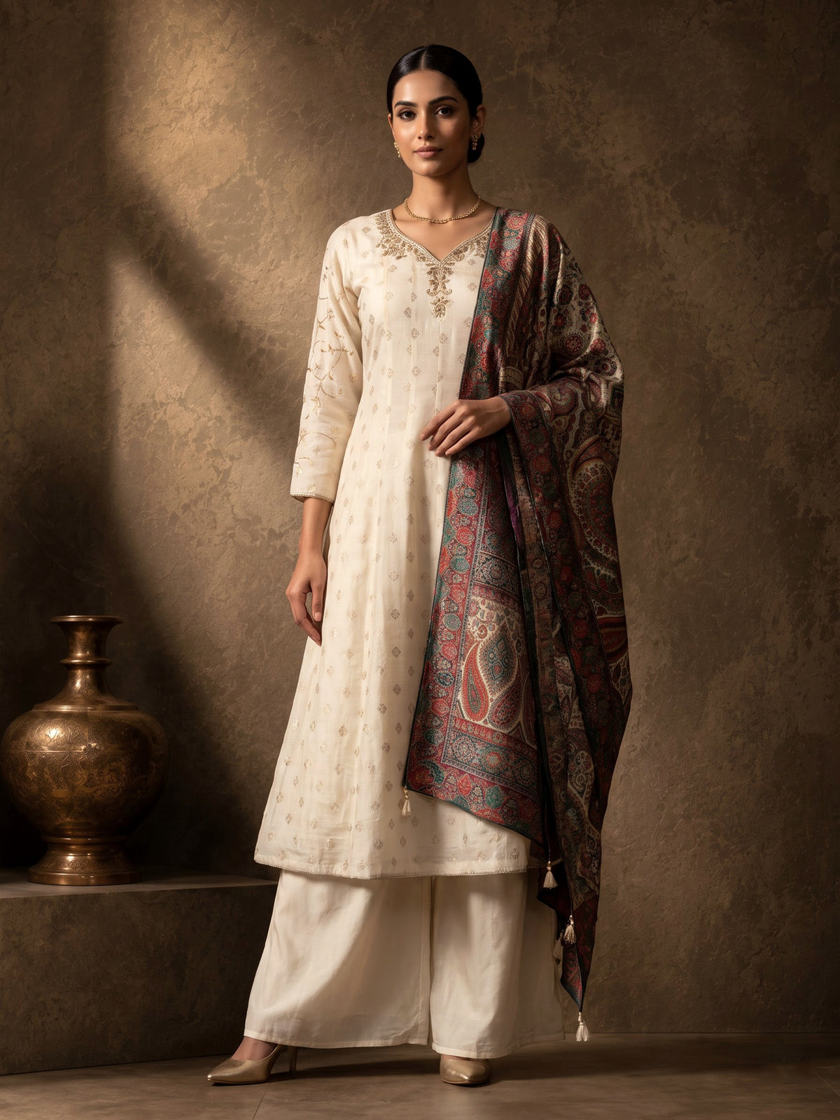 Ivory chanderi Anarkali palazzo suit