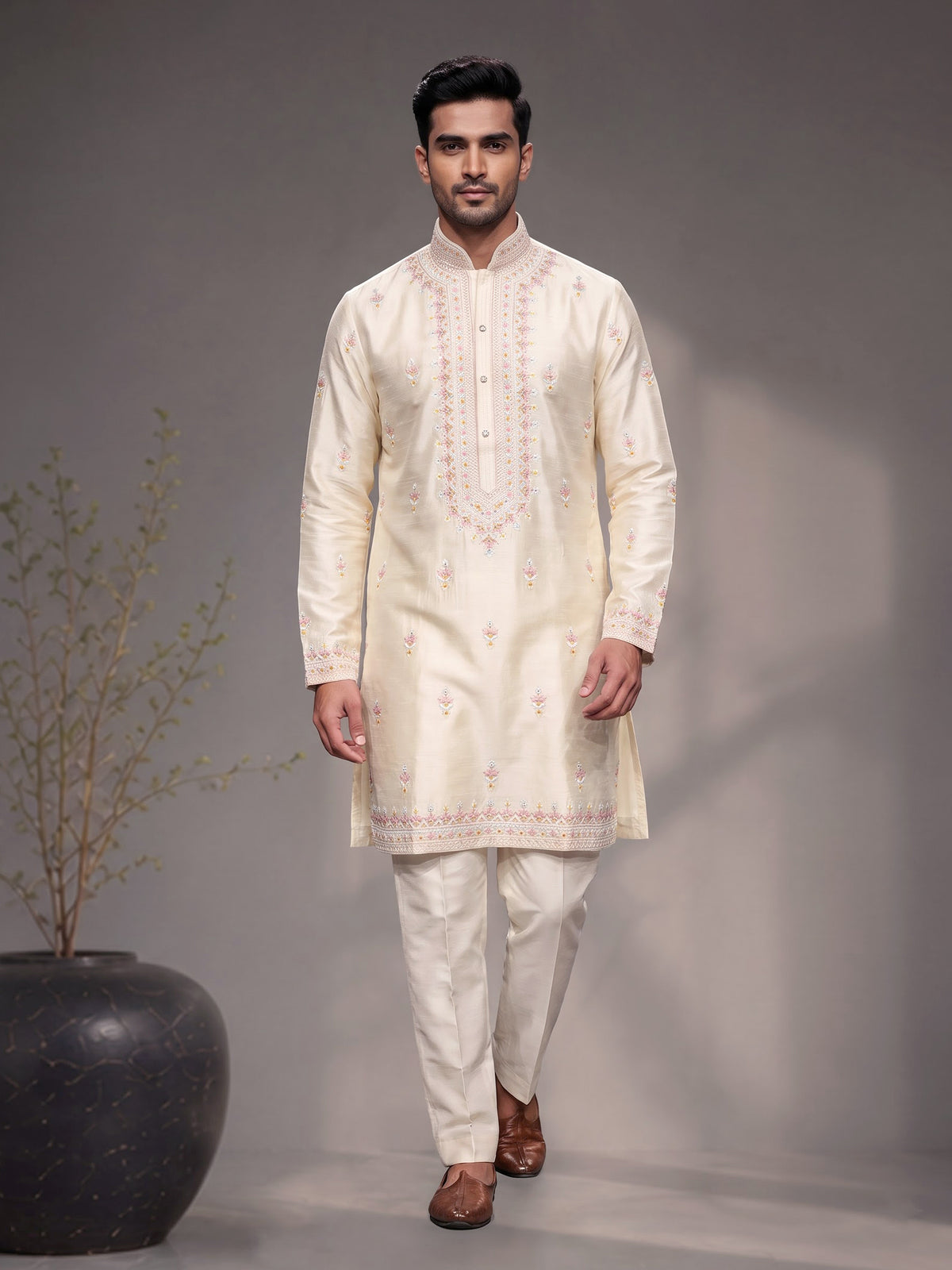 Cream raw silk embroidered kurta suit for mens weddings