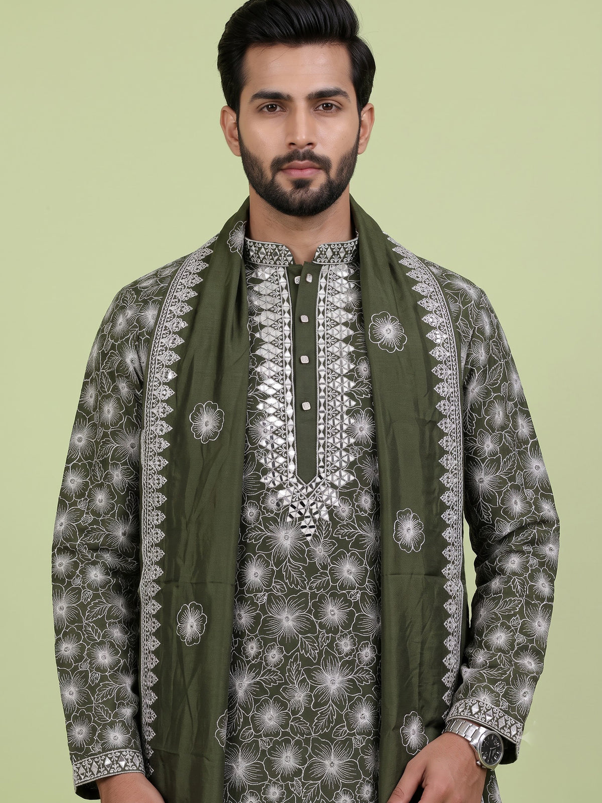 Mehendi green embroidered aabla kurta suit with dupatta