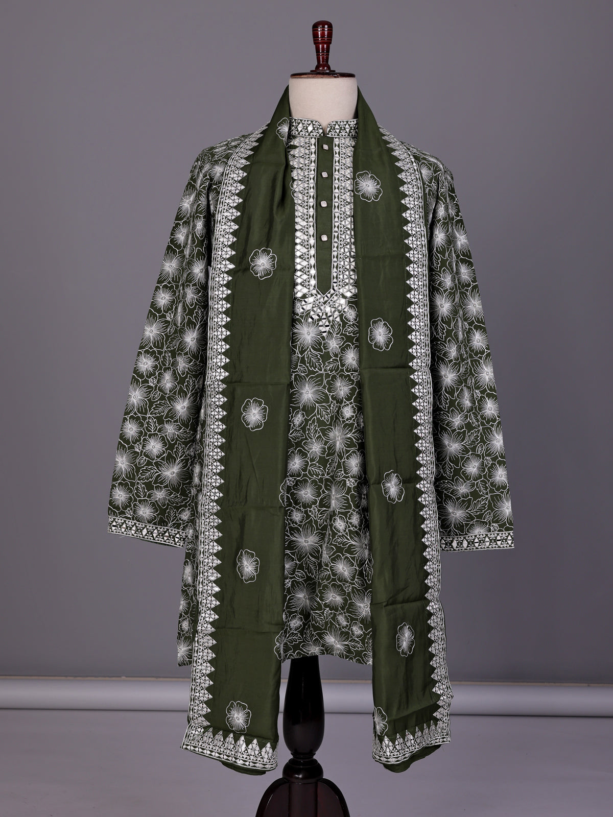 Mehendi green embroidered aabla kurta suit with dupatta