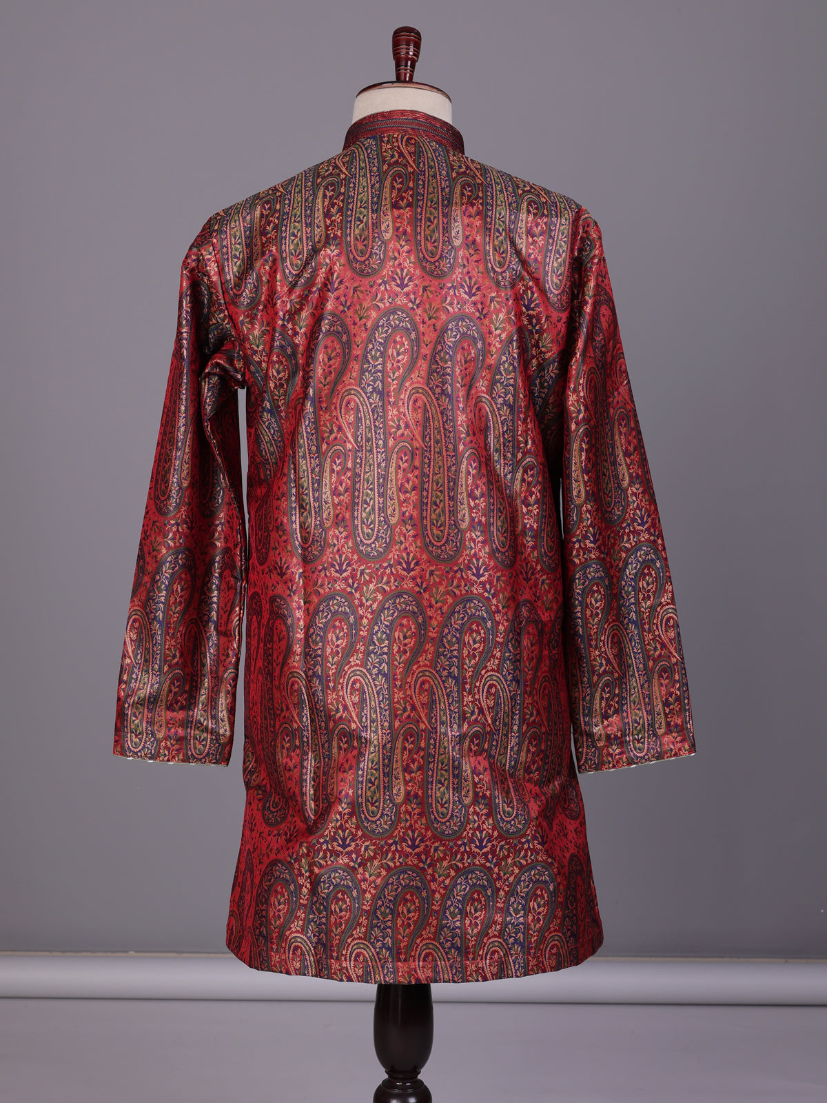 Red zari brocade printed kurta suit with pants for mens