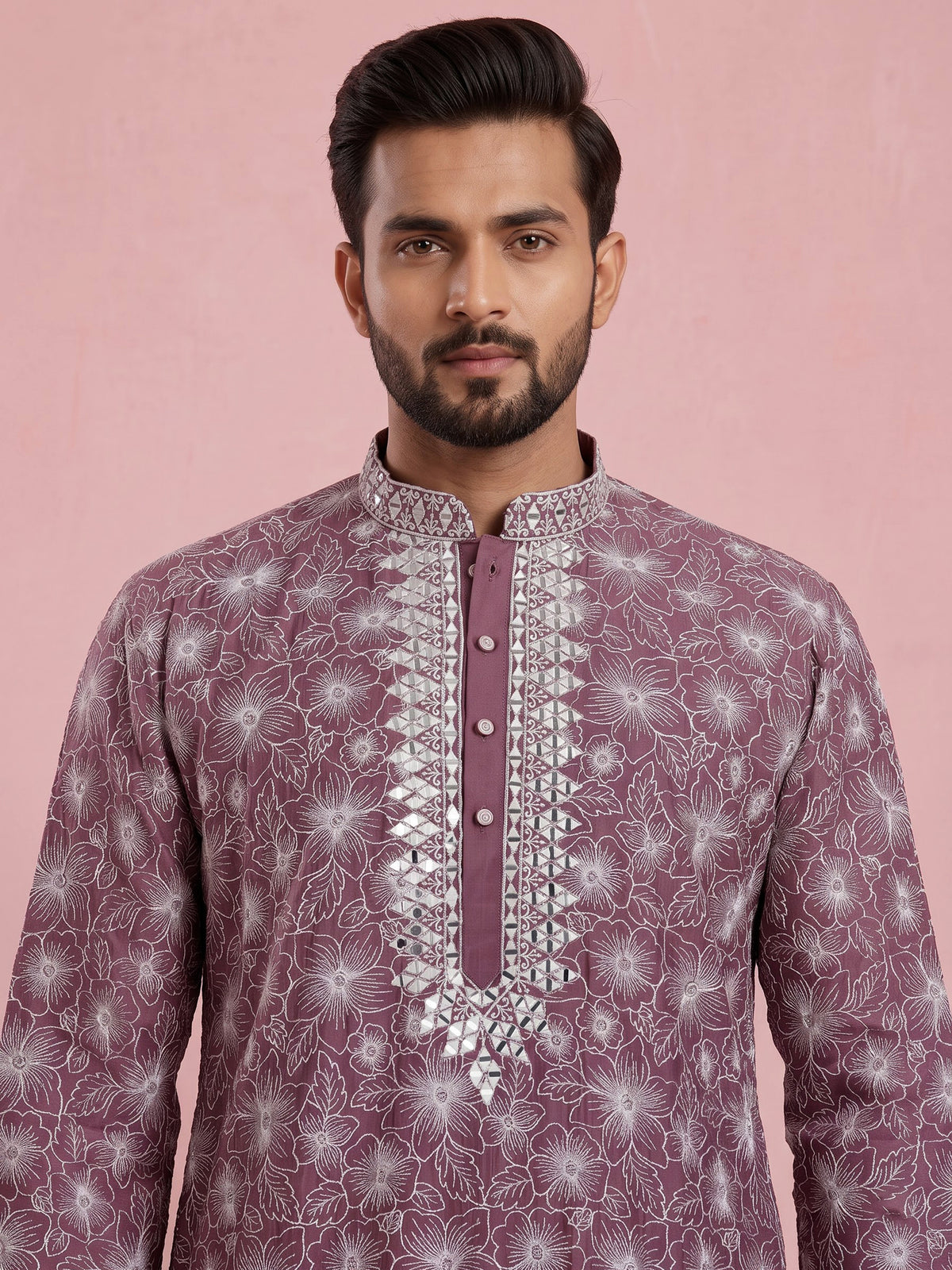 Light wine embroidered aabla kurta suit with dupatta for mens