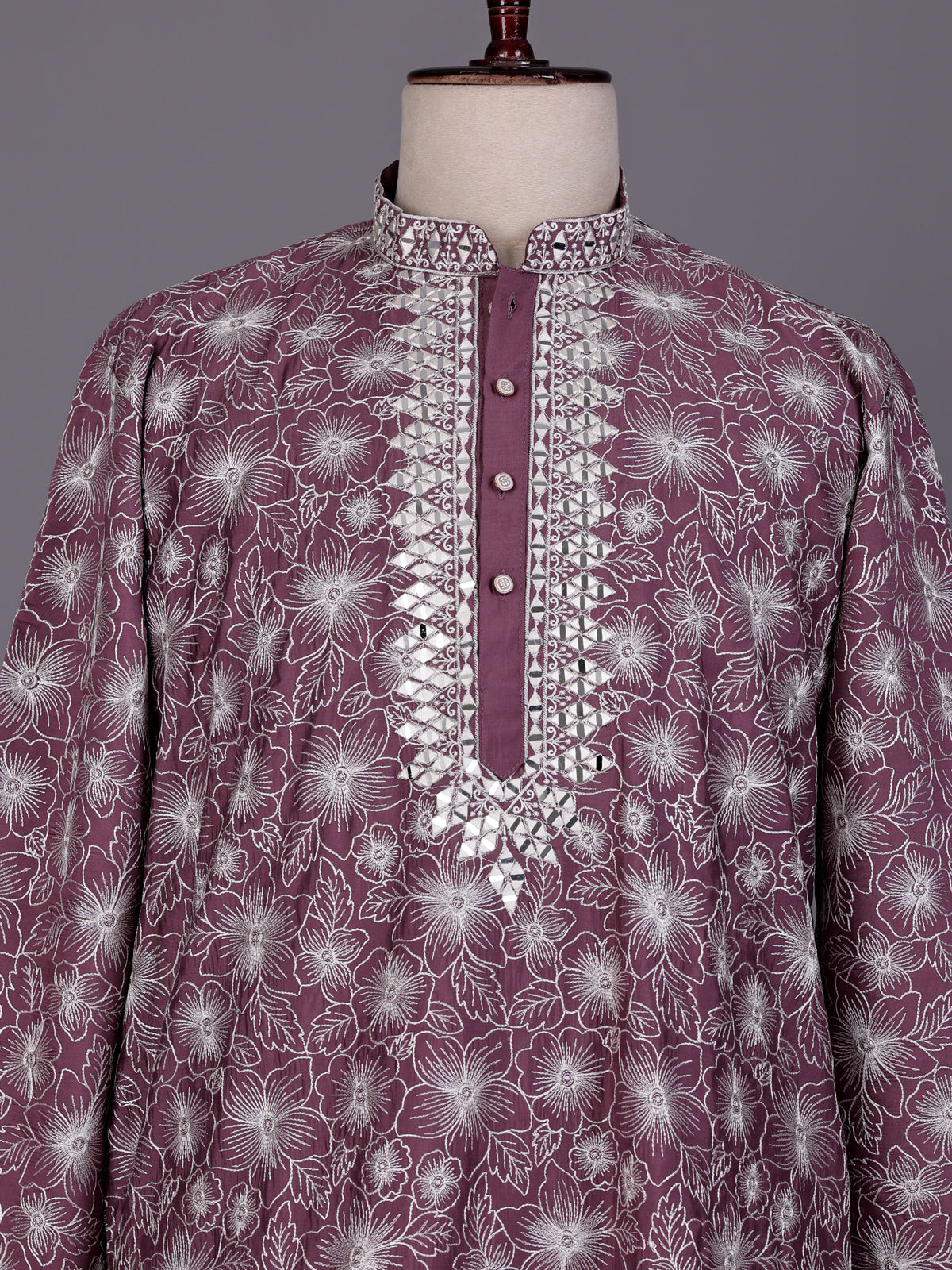 Light wine embroidered aabla kurta suit with dupatta for mens
