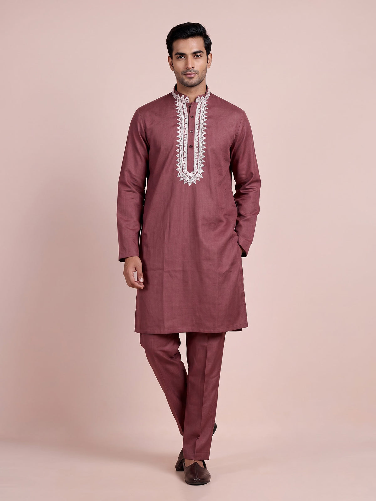 Onion pink thread work kurta suit with pants for mens