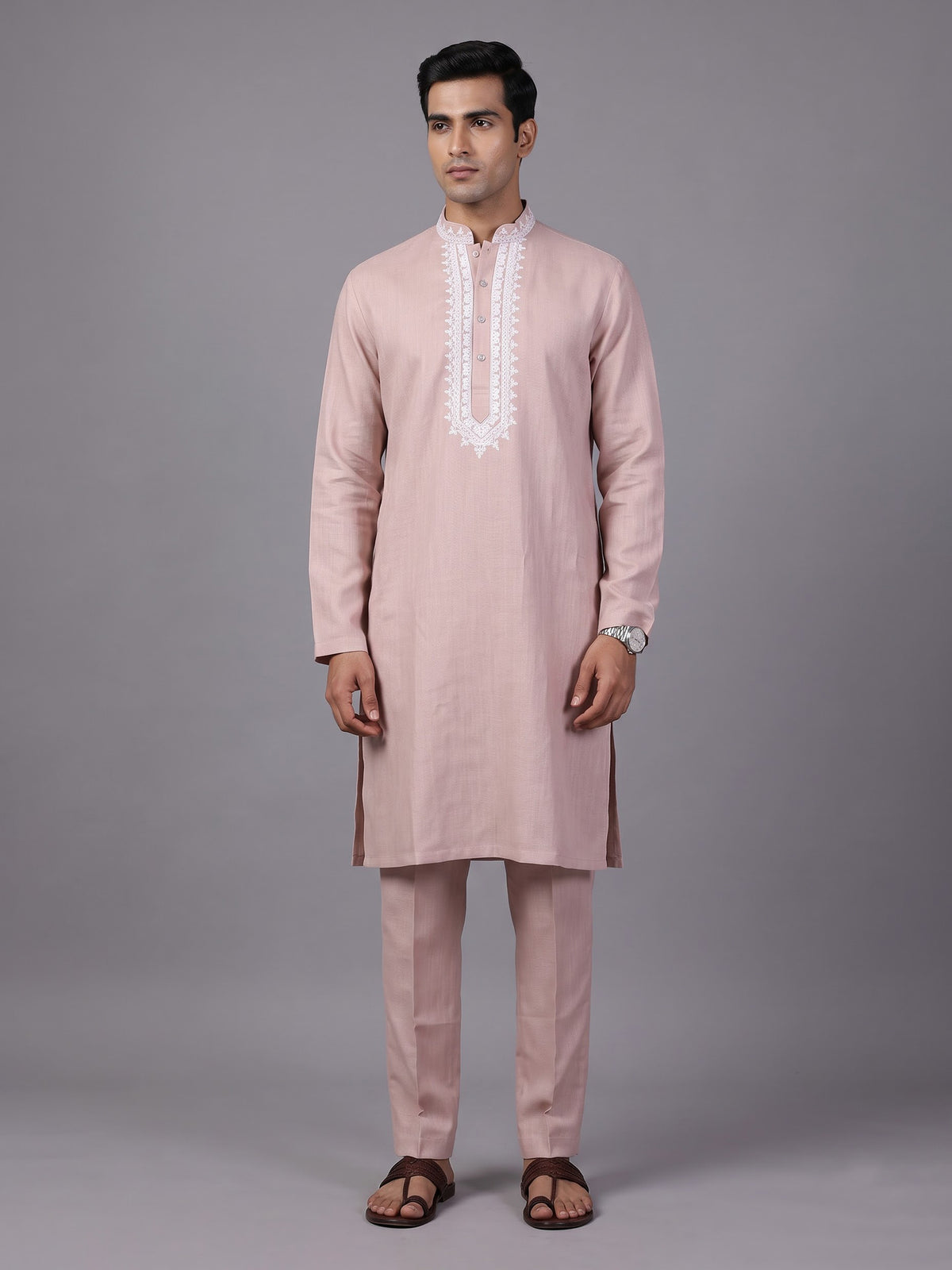 Peach thread embroidered kurta suit with pants for mens weddings