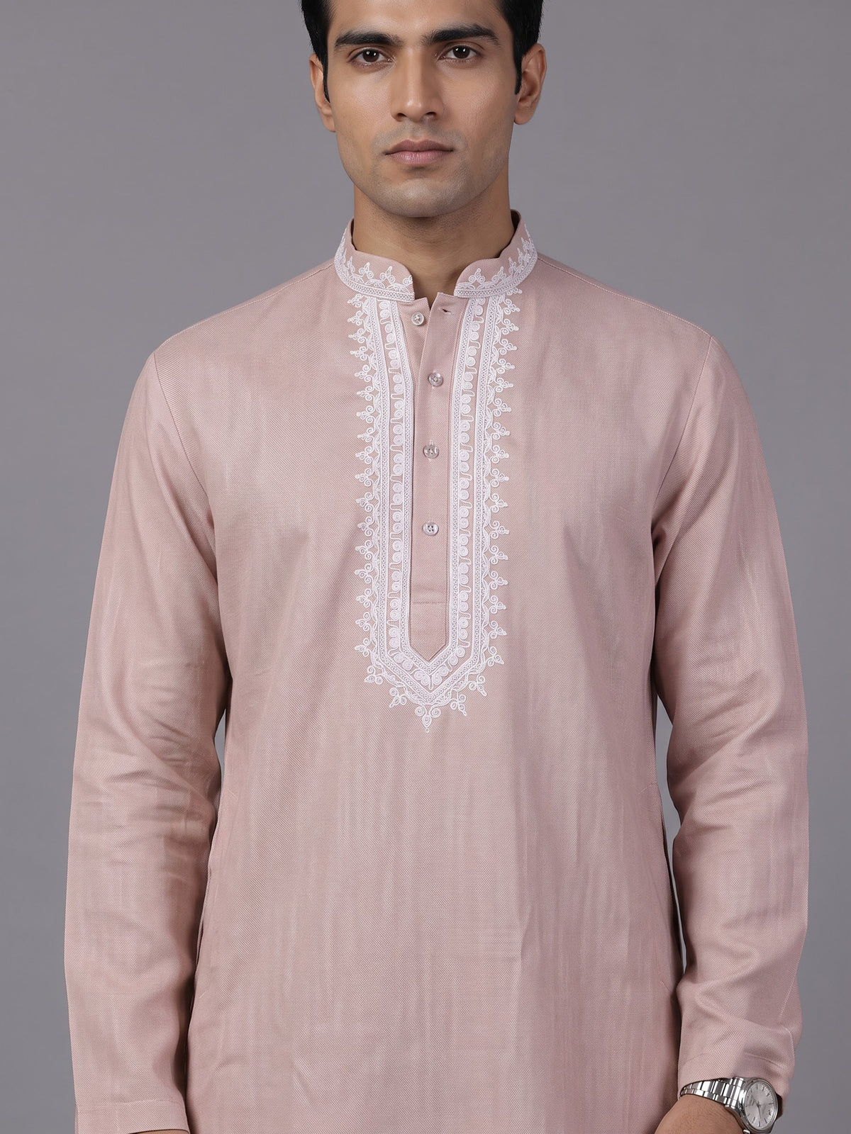 Peach thread embroidered kurta suit with pants for mens weddings