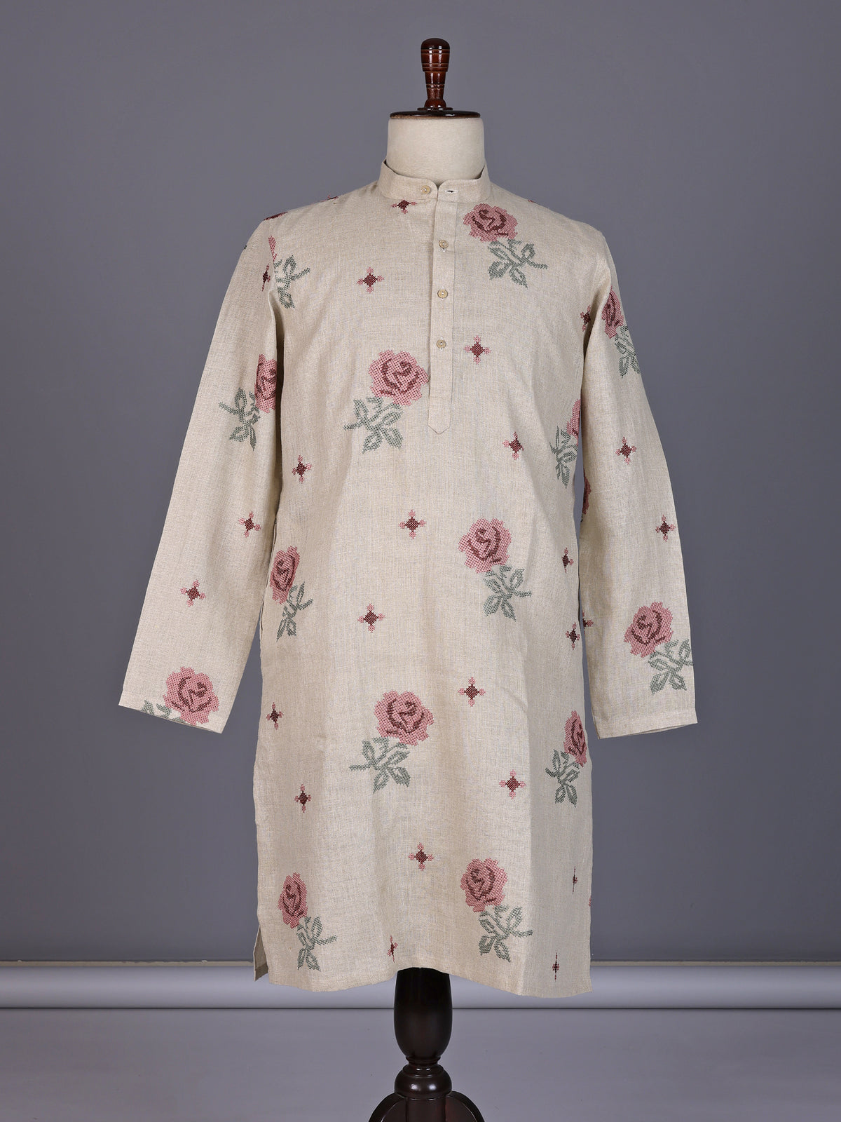 Beige linen chinese collar kurta with thread detailing for mens