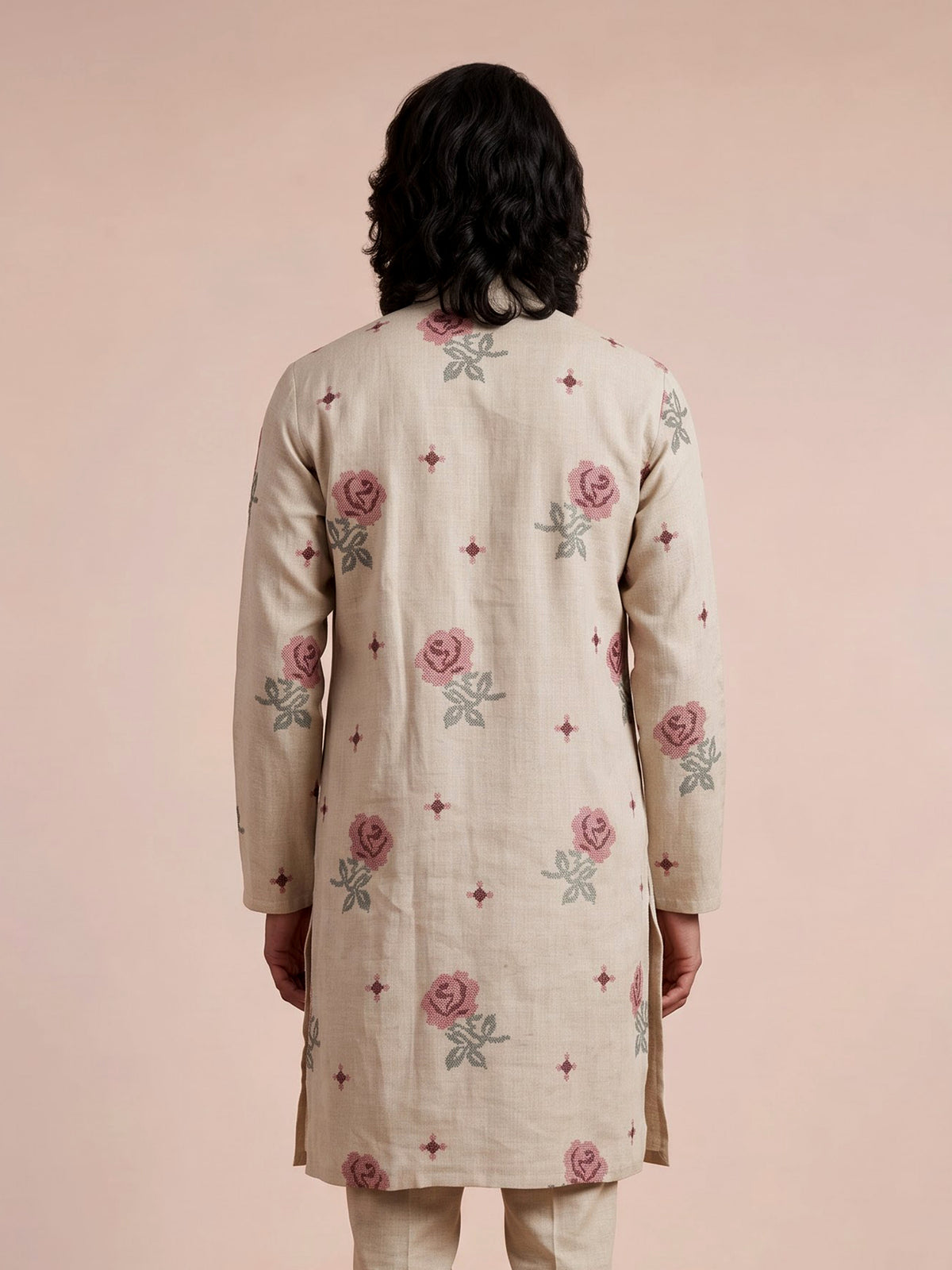 Beige linen chinese collar kurta with thread detailing for mens