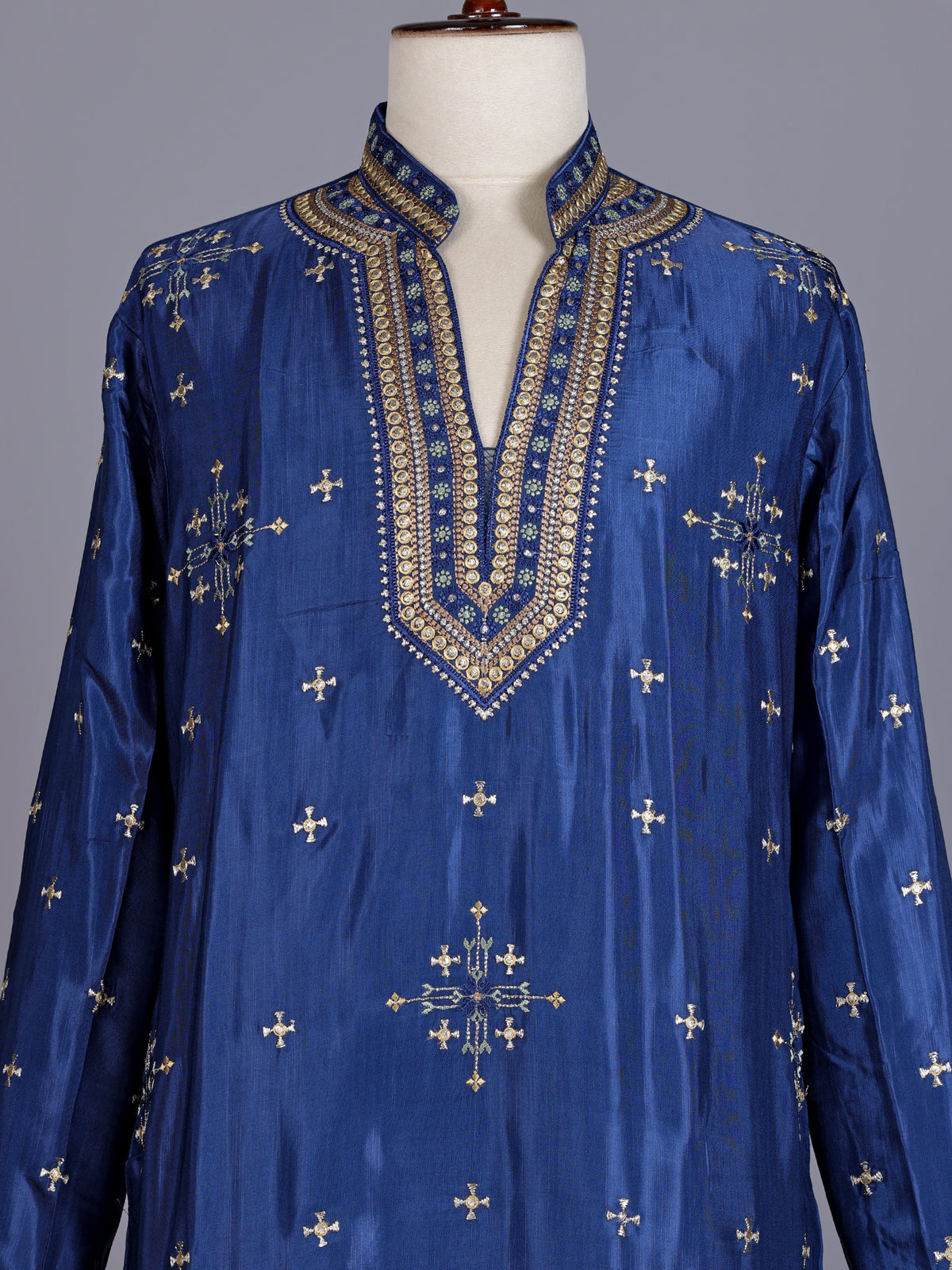 Royal blue silk embroidered kurta suit with mandarin collar