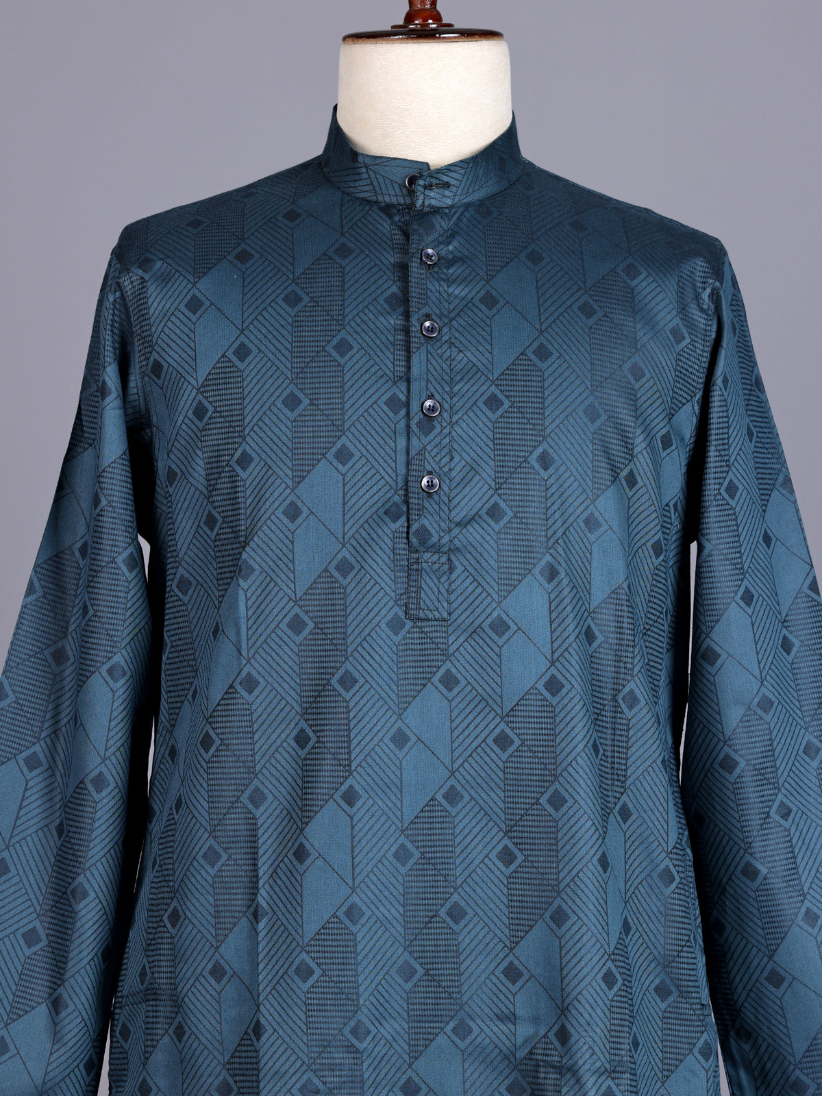 Teal blue printed silk kurta suit with mandarin collar
