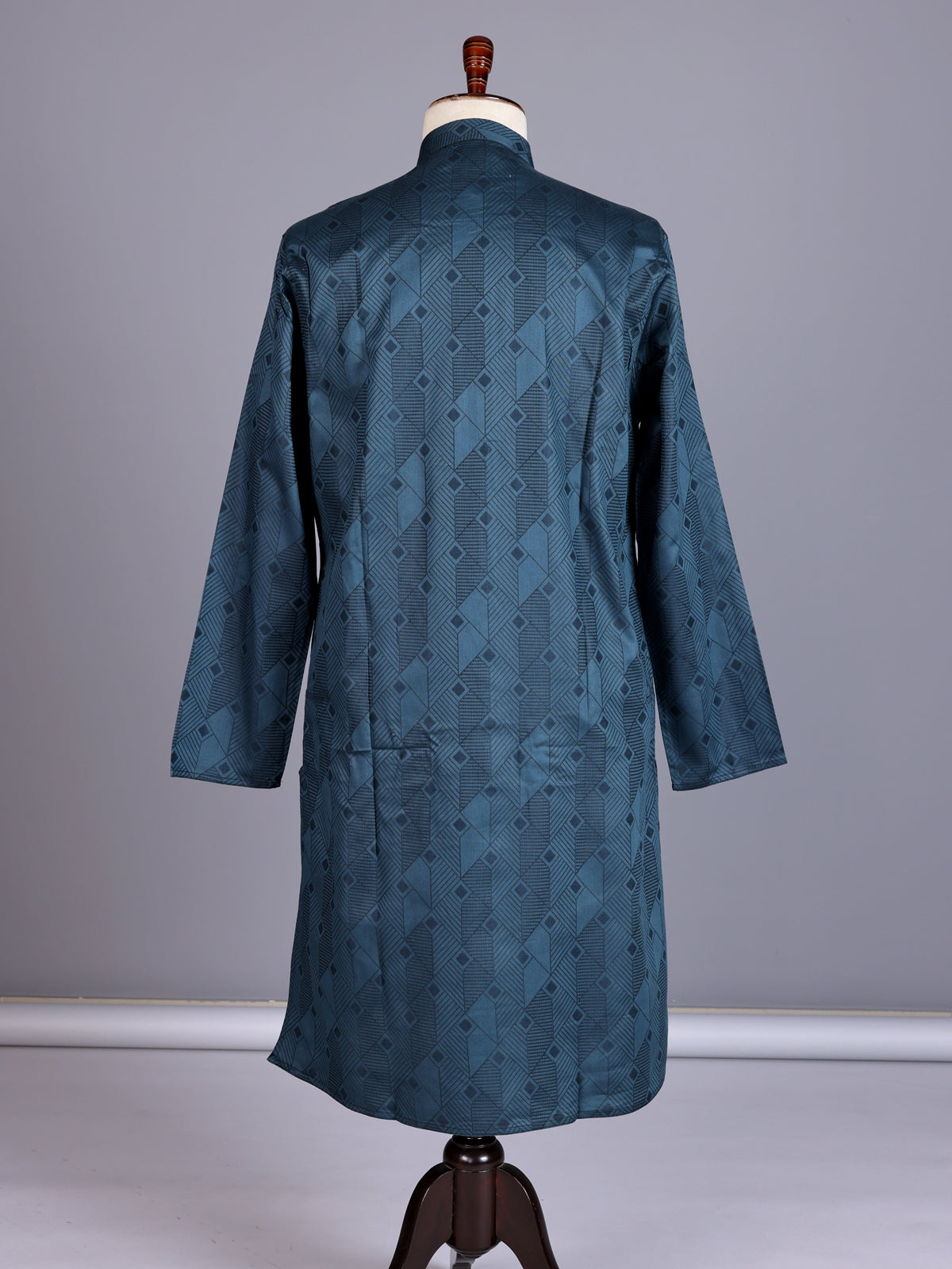 Teal blue printed silk kurta suit with mandarin collar