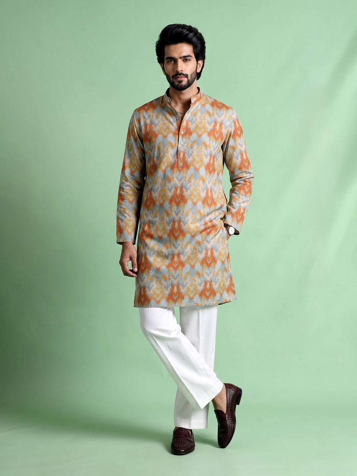 Mint blue printed silk kurta suit with mandarin collar